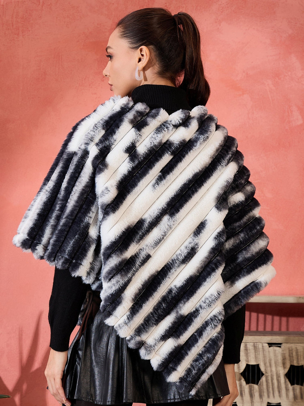 InWeave Black White Dye Rabbit Faux Fur Poncho