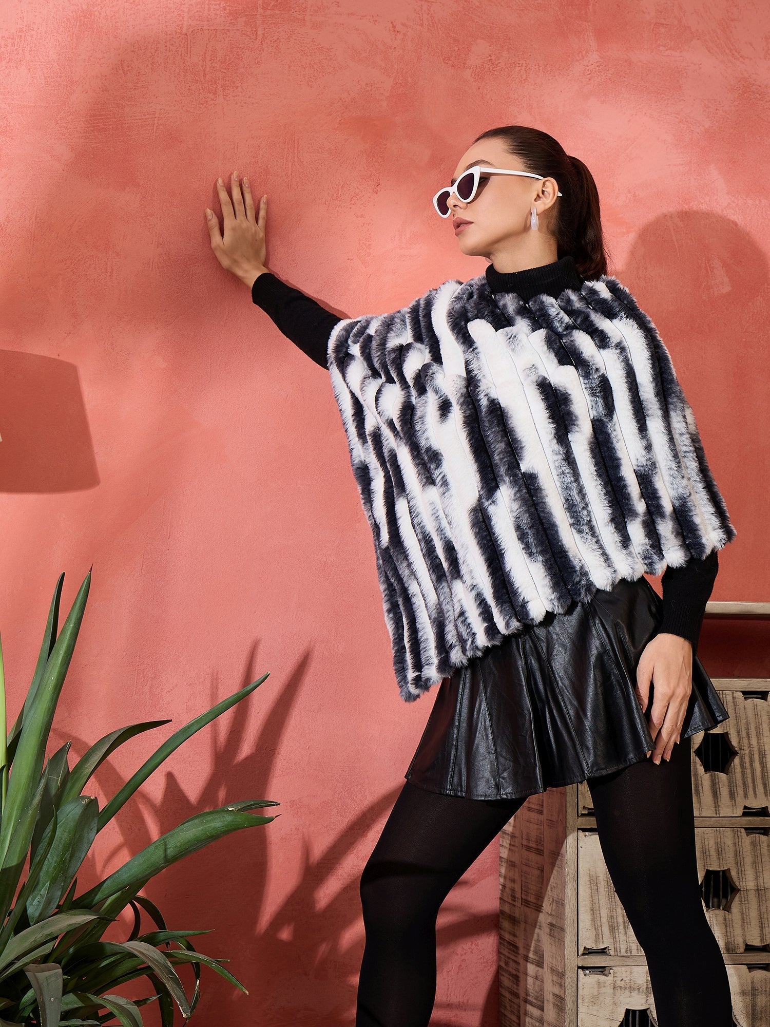 InWeave Black White Dye Rabbit Faux Fur Poncho