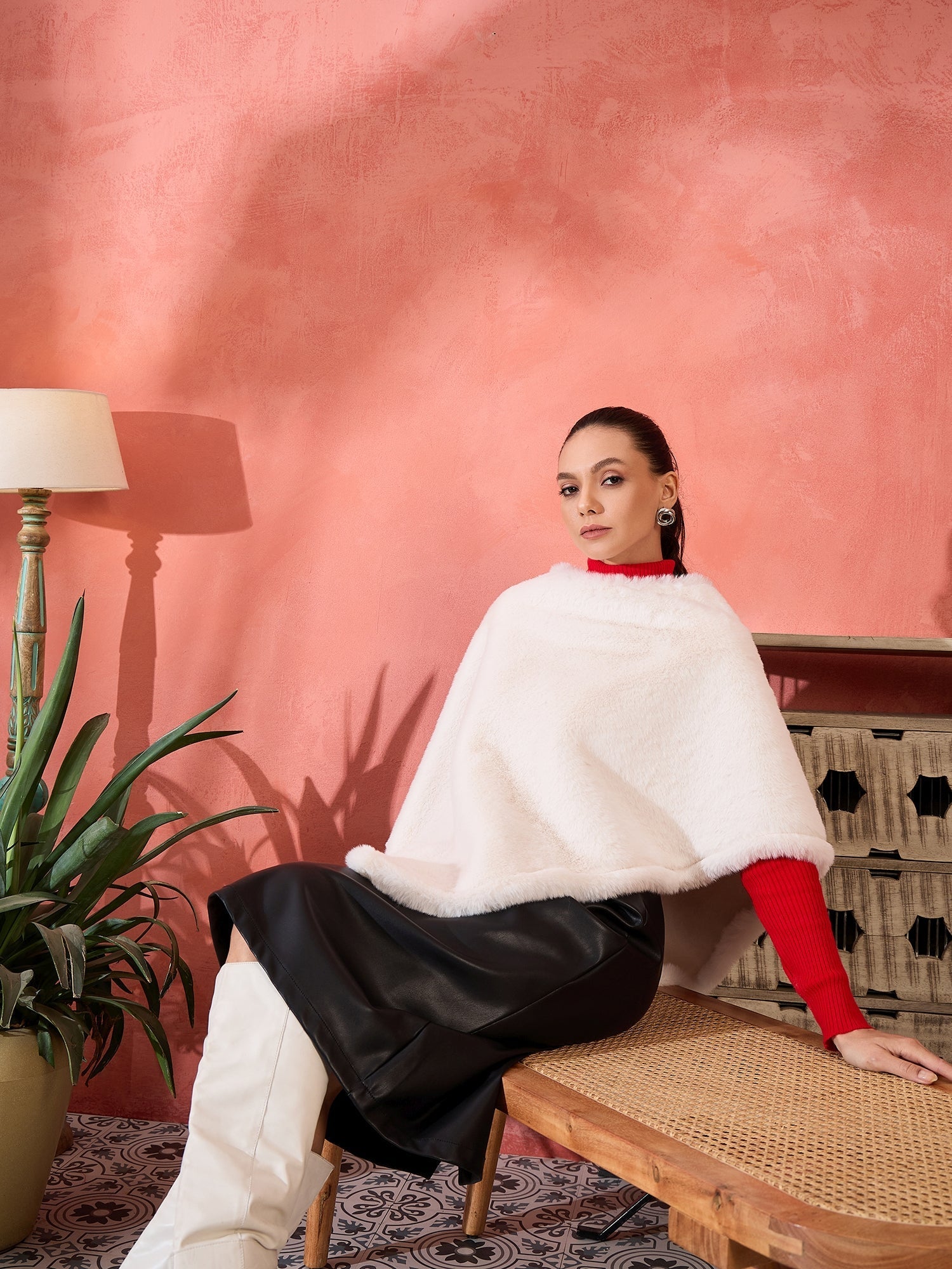InWeave Cream Rabbit Faux Fur Poncho