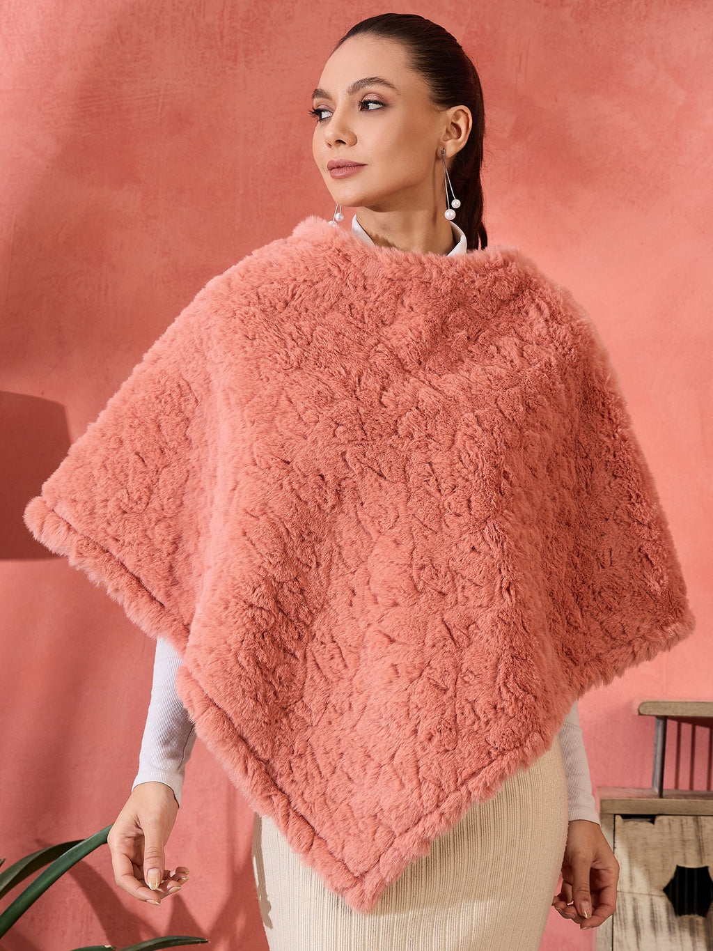 InWeave Coral Rabbit Faux Fur Poncho