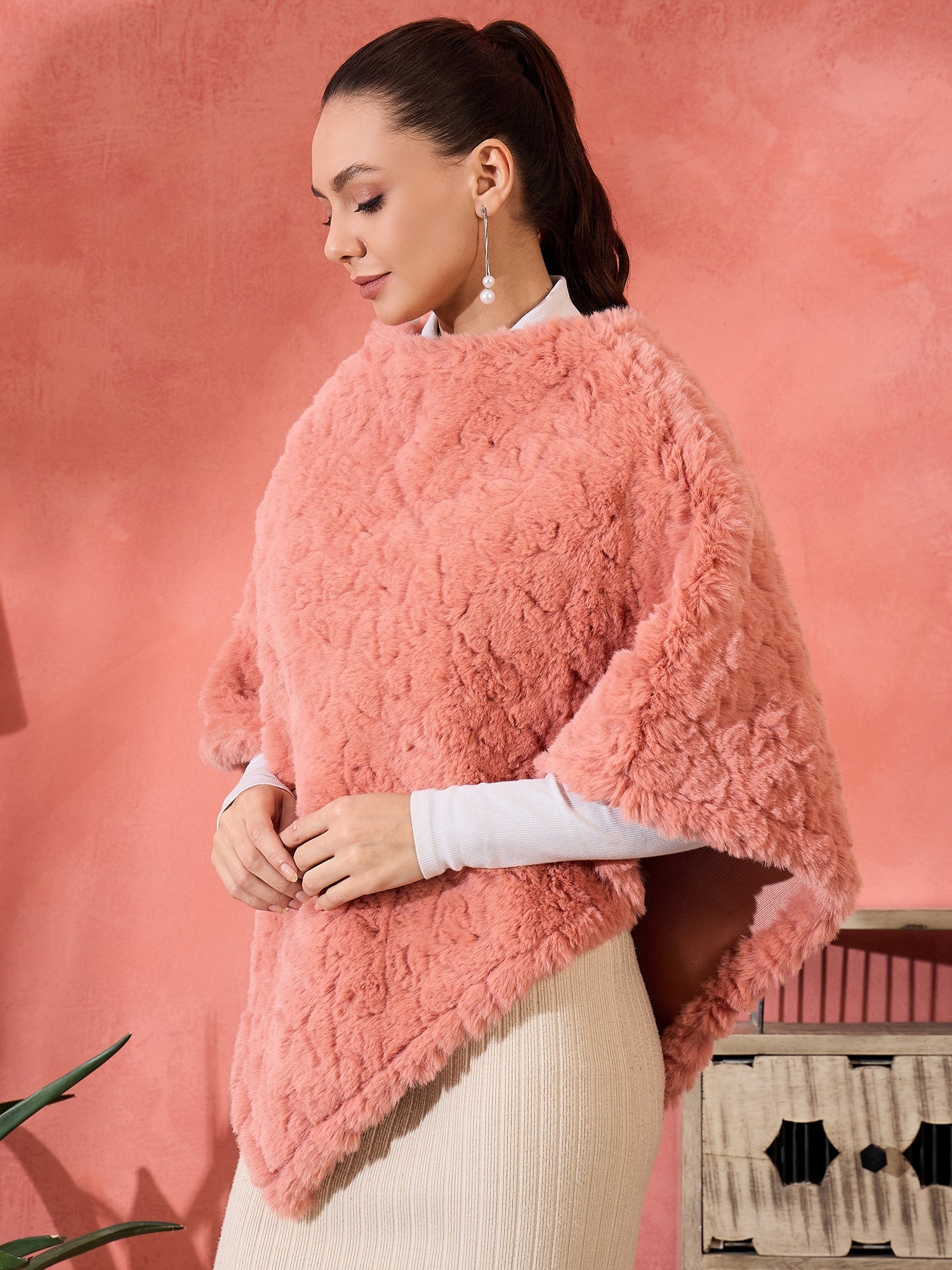 InWeave Coral Rabbit Faux Fur Poncho