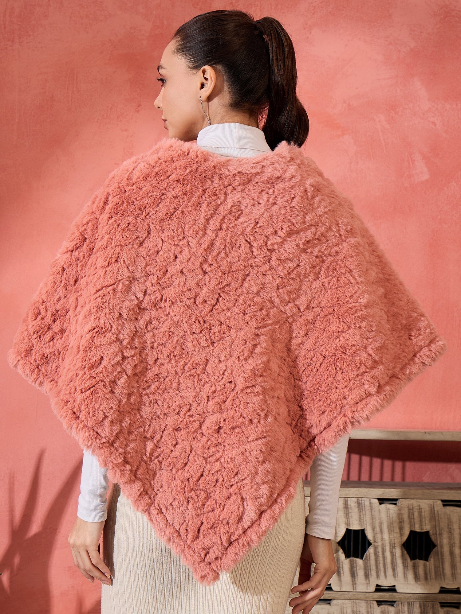 InWeave Coral Rabbit Faux Fur Poncho