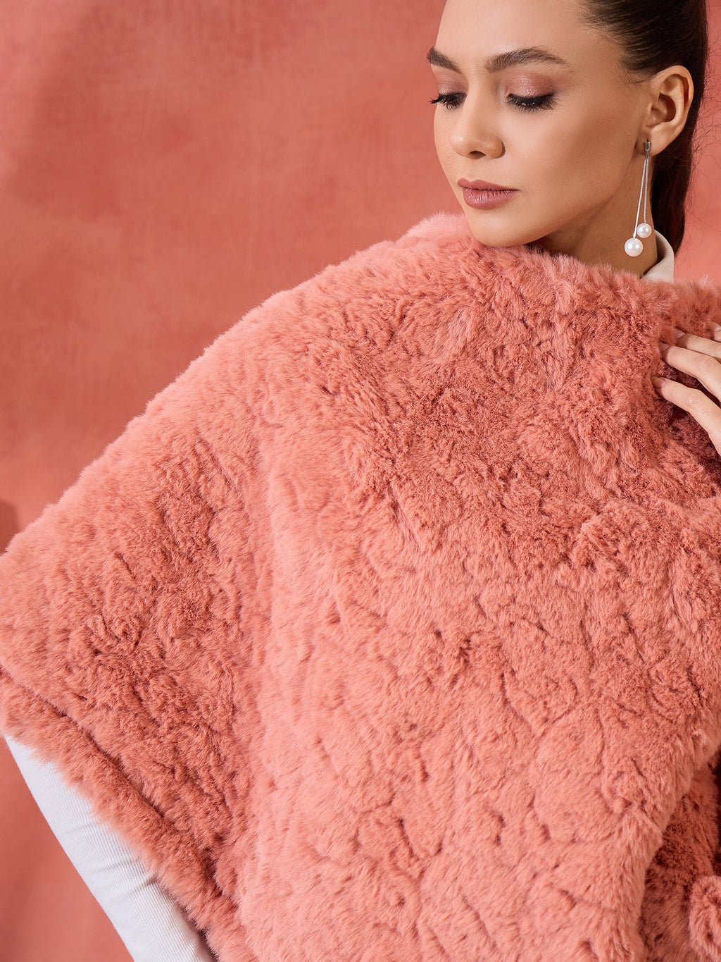 InWeave Coral Rabbit Faux Fur Poncho
