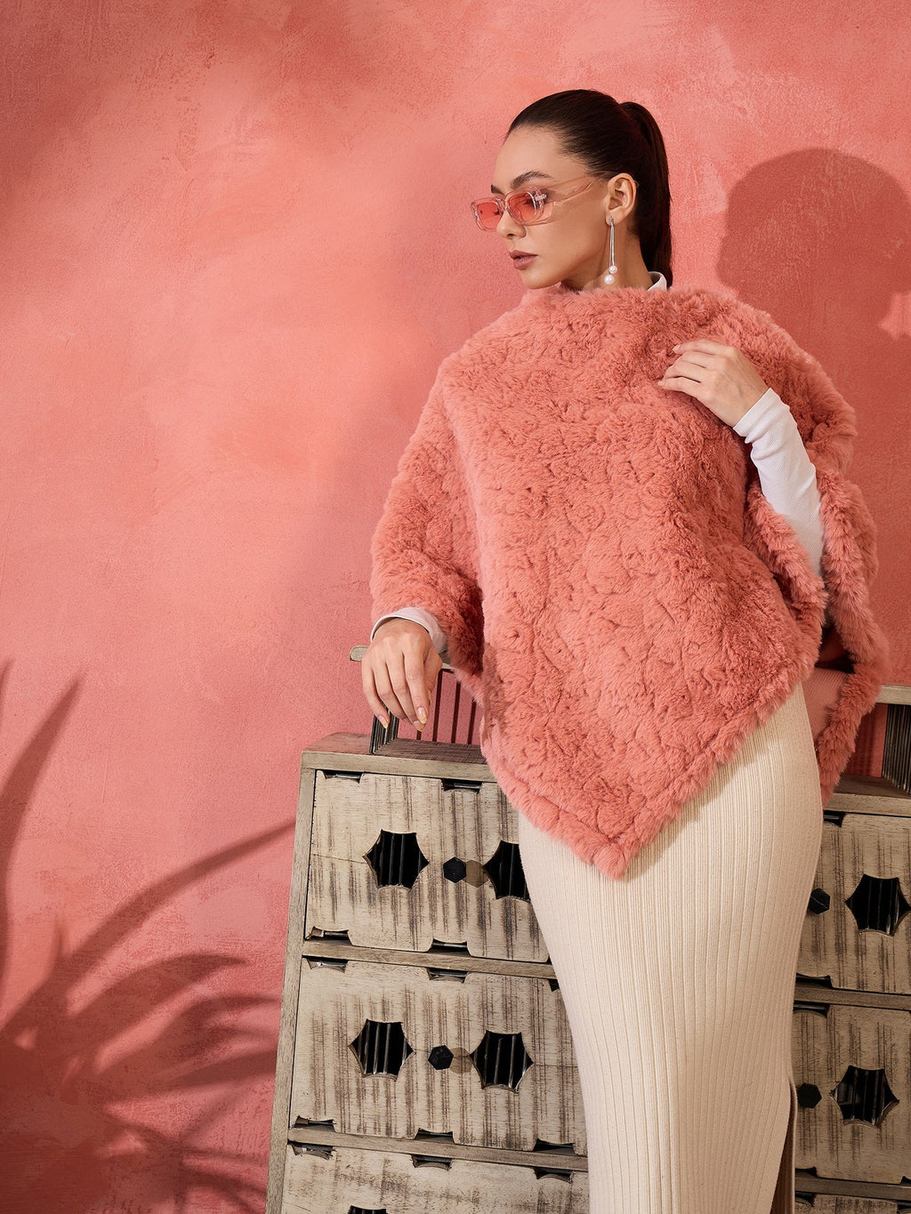 InWeave Coral Rabbit Faux Fur Poncho
