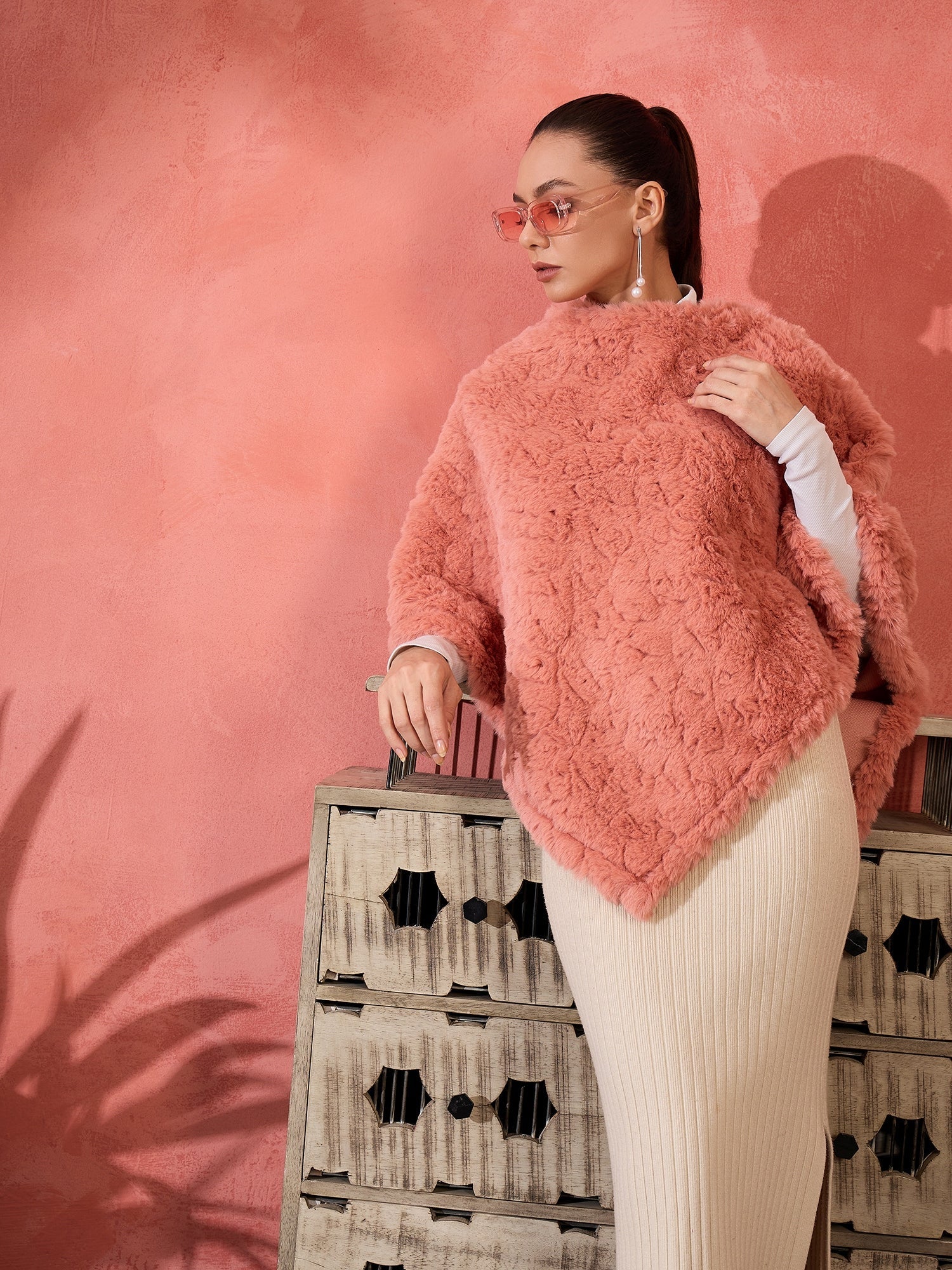 InWeave Coral Rabbit Faux Fur Poncho