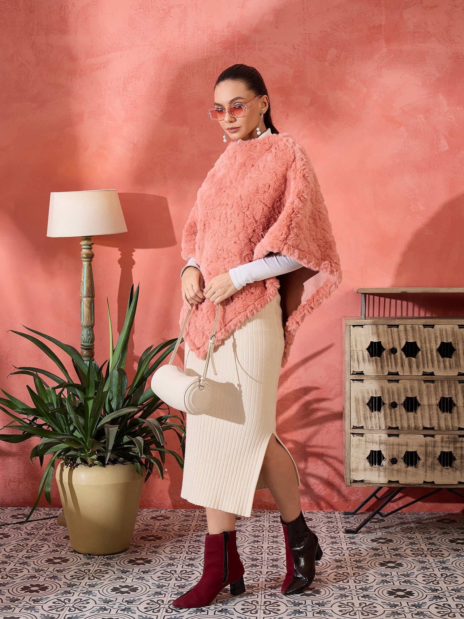 InWeave Coral Rabbit Faux Fur Poncho