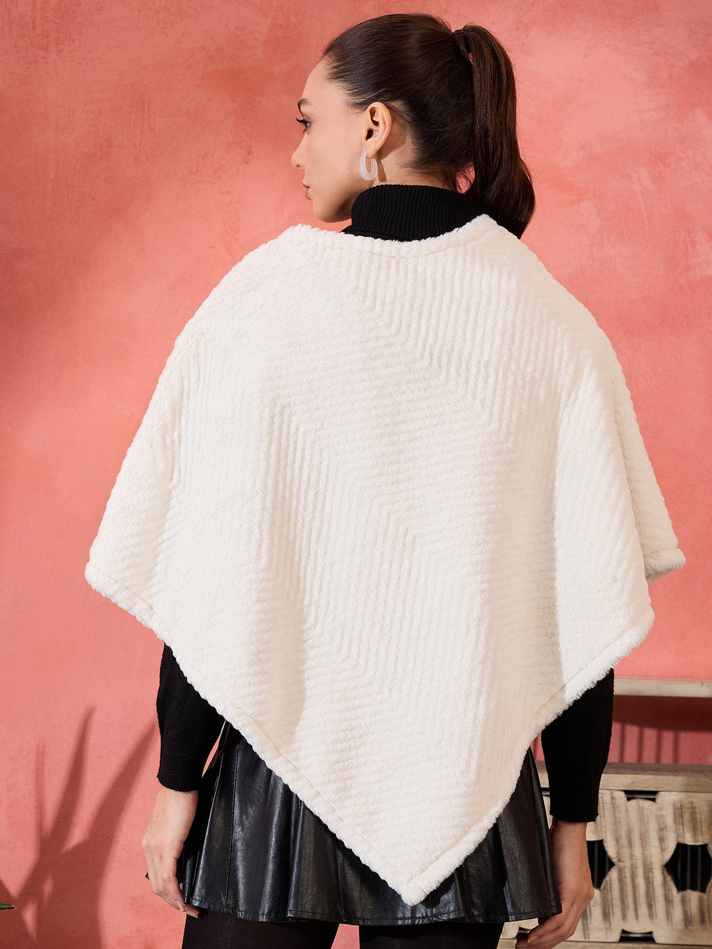 InWeave Cream Striped Rabbit Faux Fur Poncho