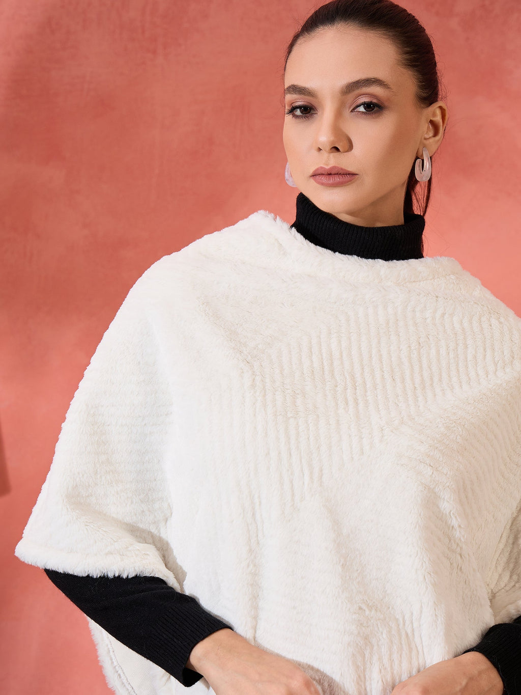 InWeave Cream Striped Rabbit Faux Fur Poncho