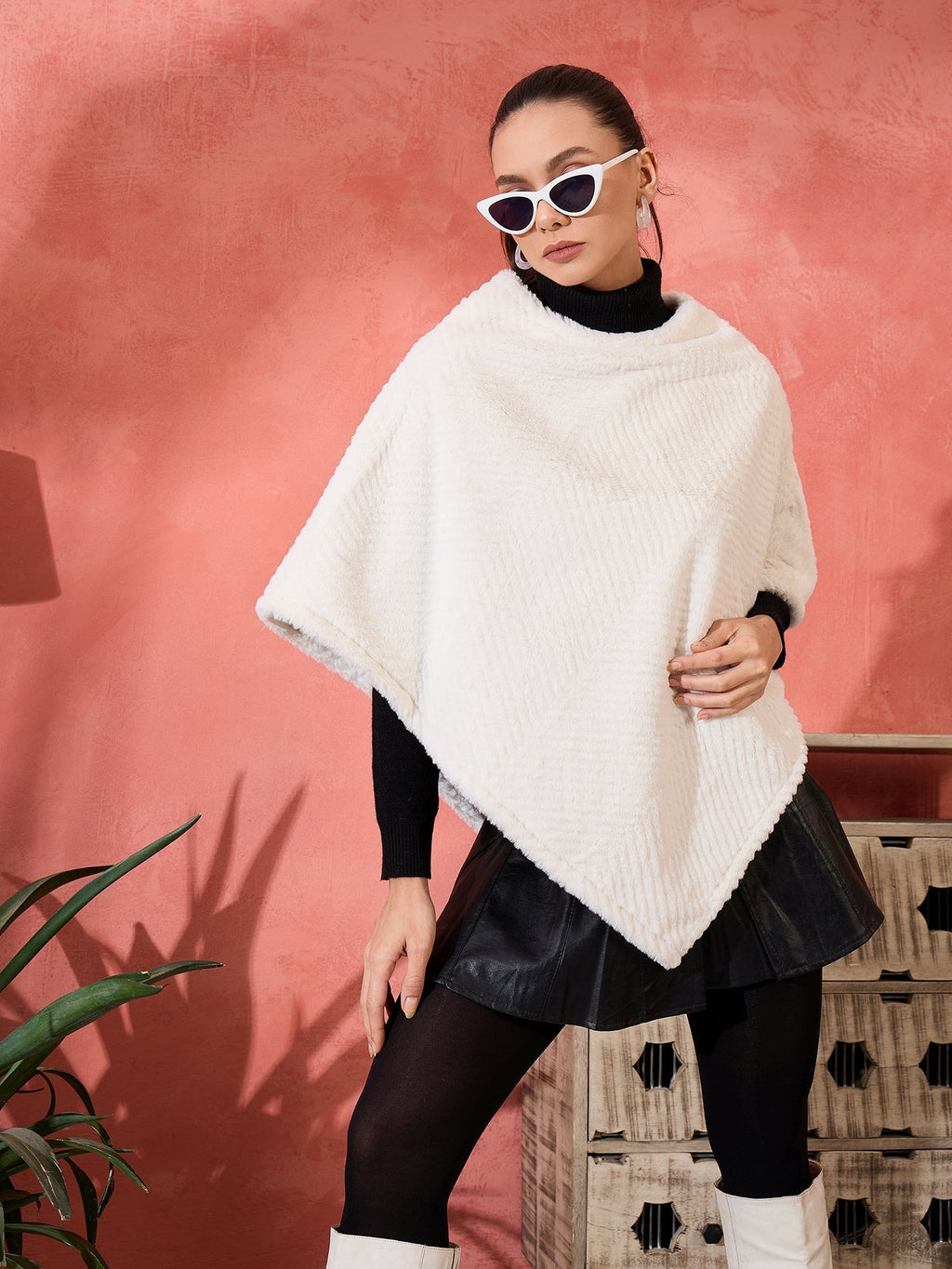 InWeave Cream Striped Rabbit Faux Fur Poncho