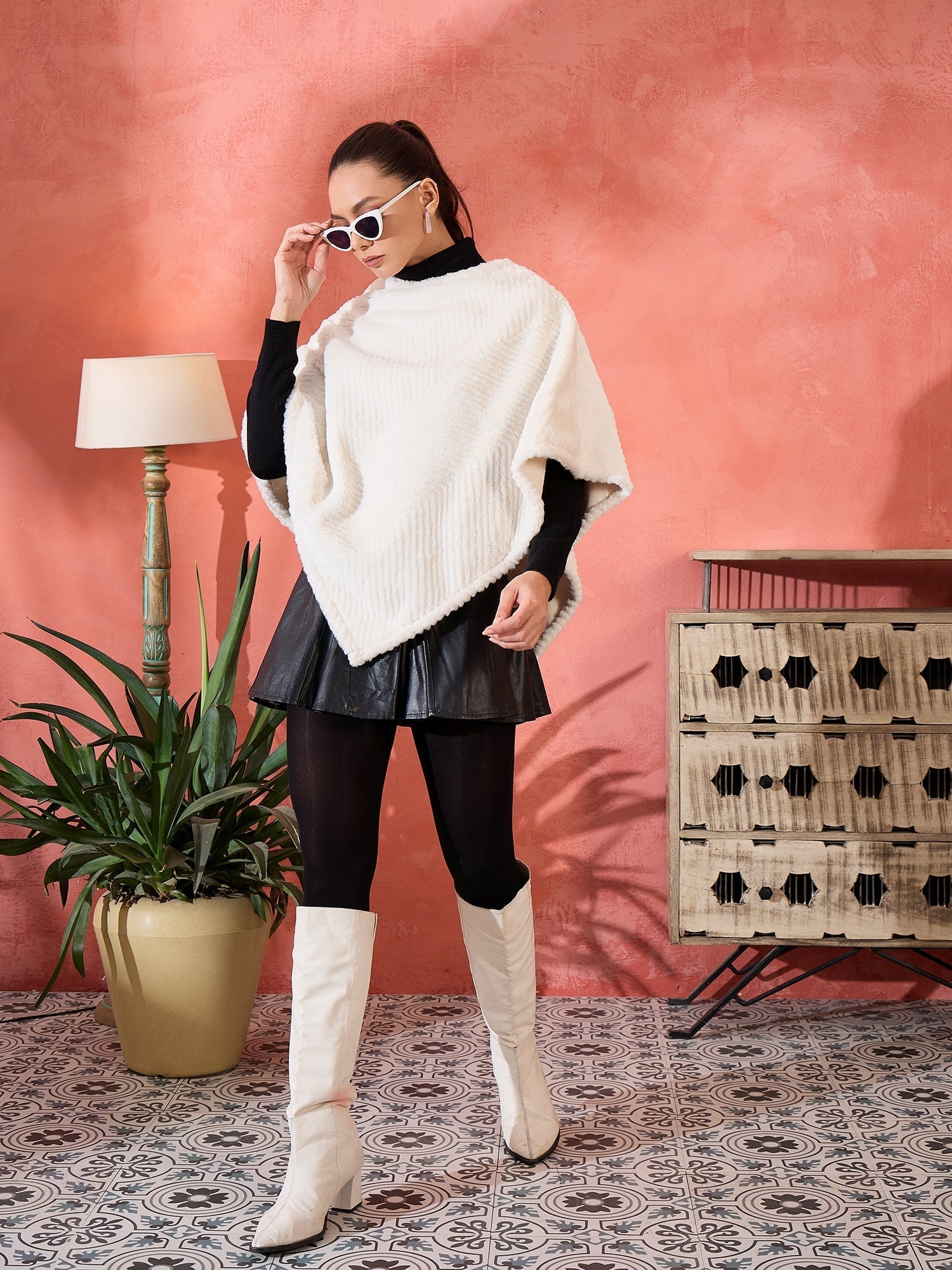 InWeave Cream Striped Rabbit Faux Fur Poncho