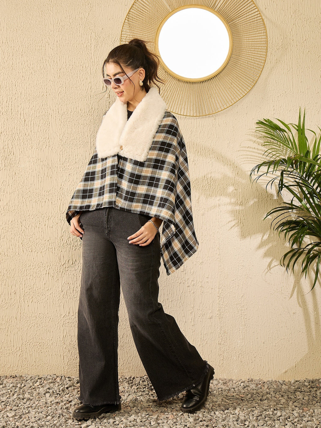 InWeave Black Beige Check Cream Fur Poncho