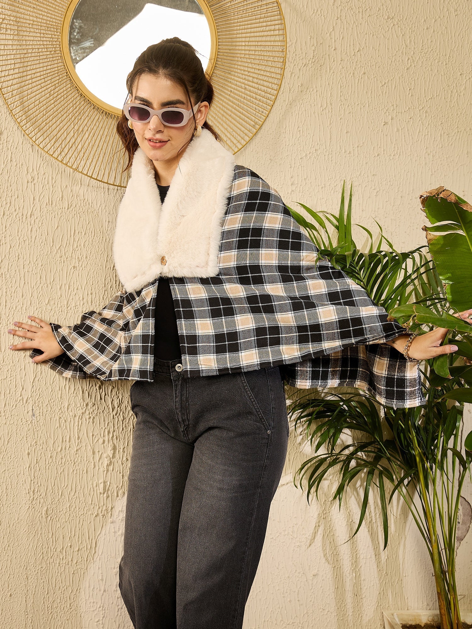 InWeave Black Beige Check Cream Fur Poncho