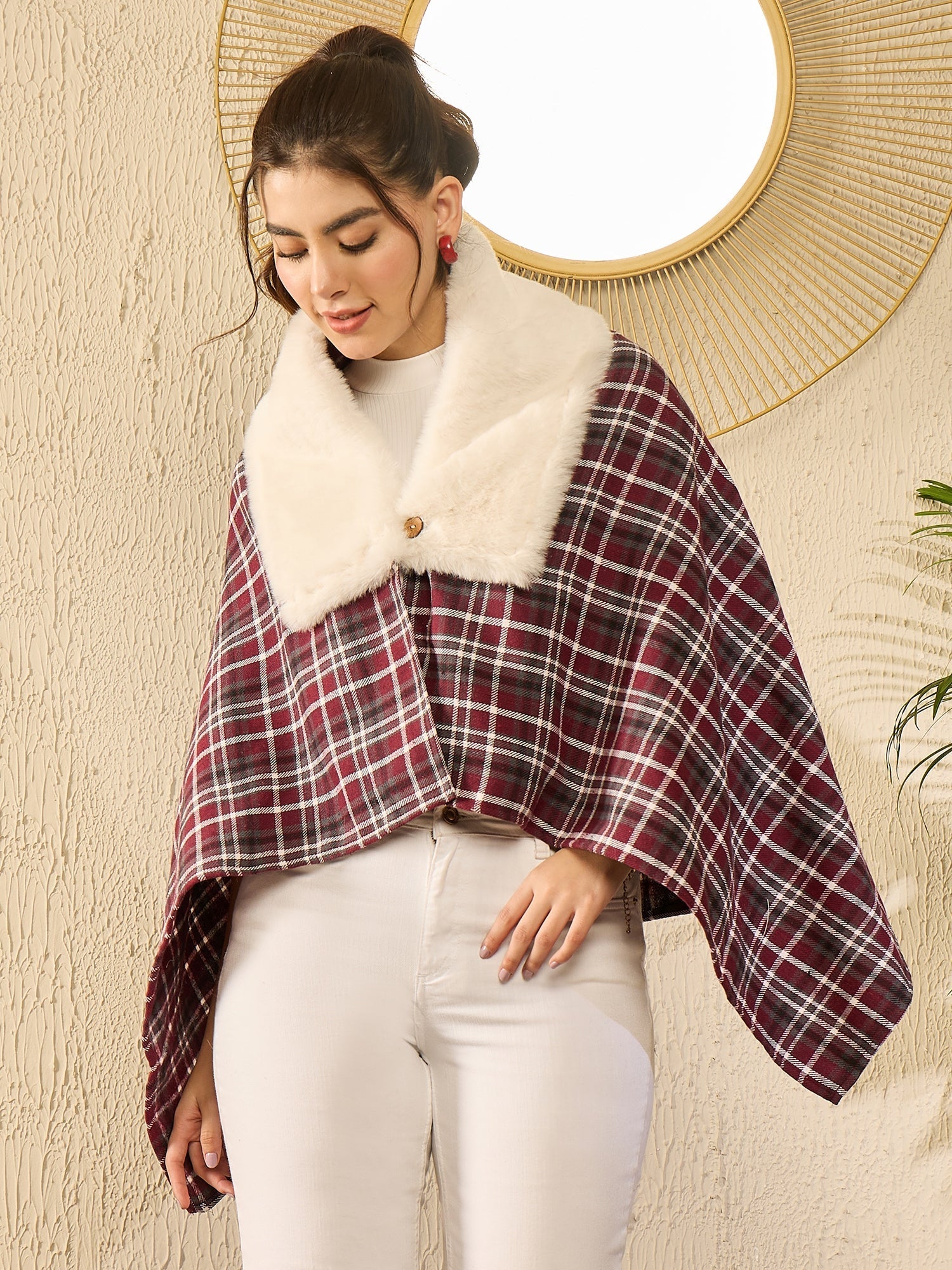 InWeave Burgundy Grey Check Cream Fur Poncho