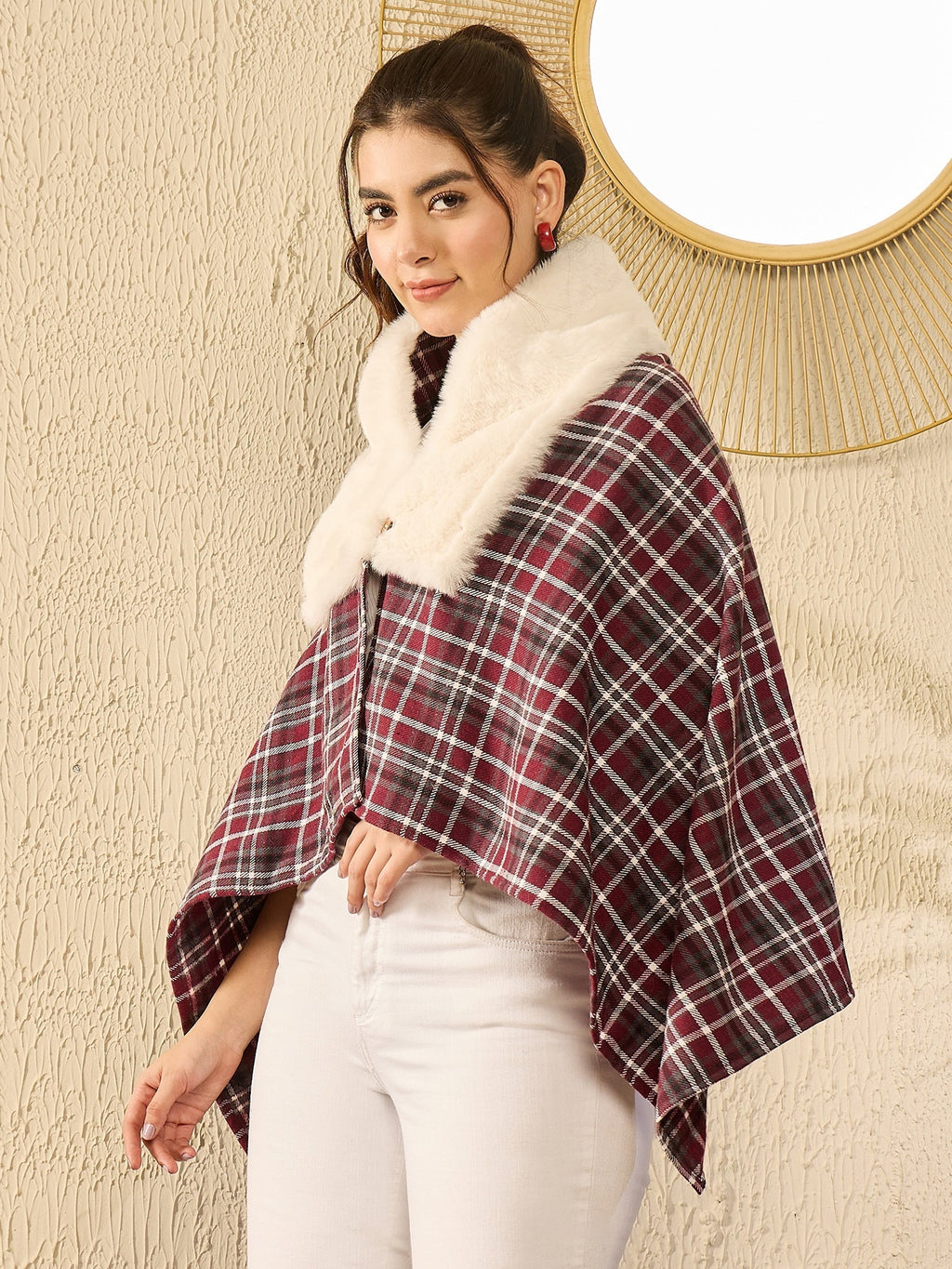 InWeave Burgundy Grey Check Cream Fur Poncho