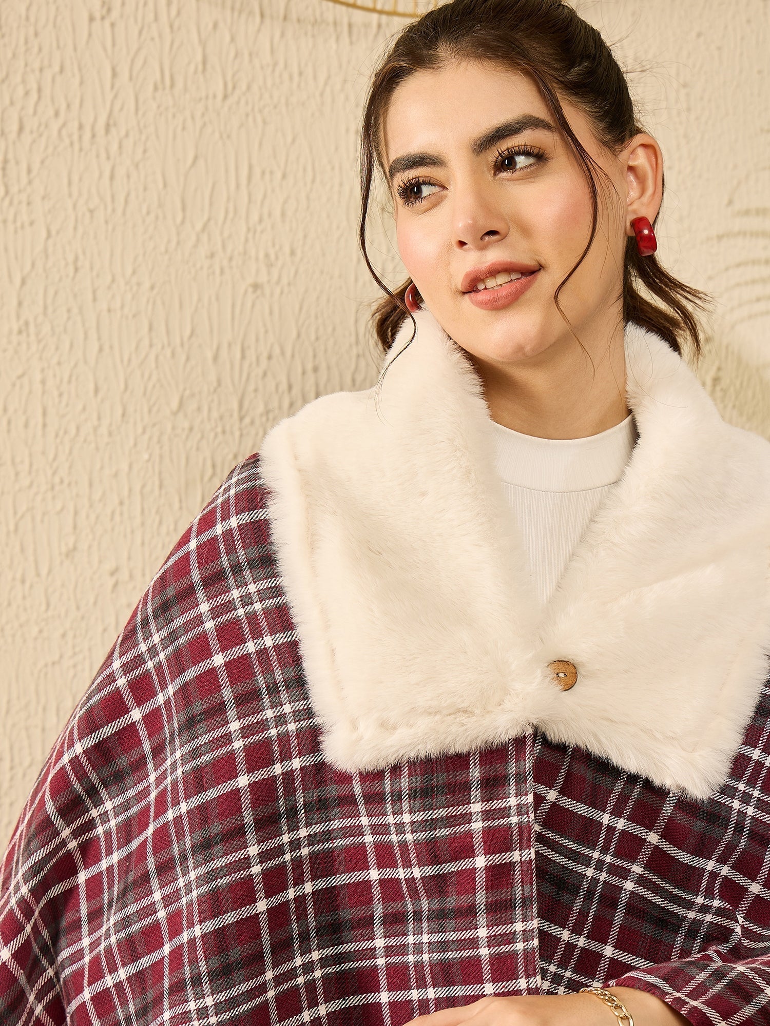 InWeave Burgundy Grey Check Cream Fur Poncho