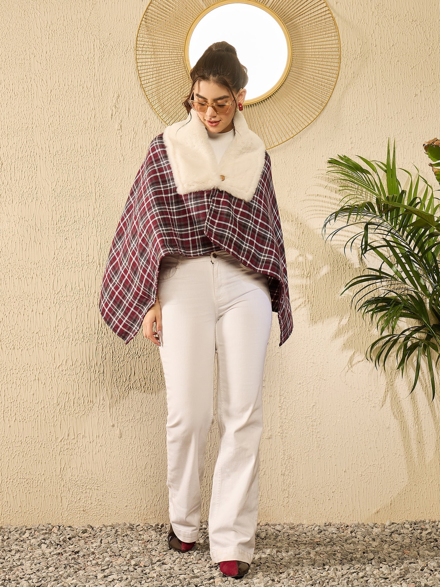 InWeave Burgundy Grey Check Cream Fur Poncho