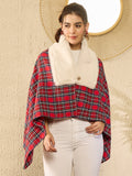 InWeave Red Green Check Cream Fur Poncho