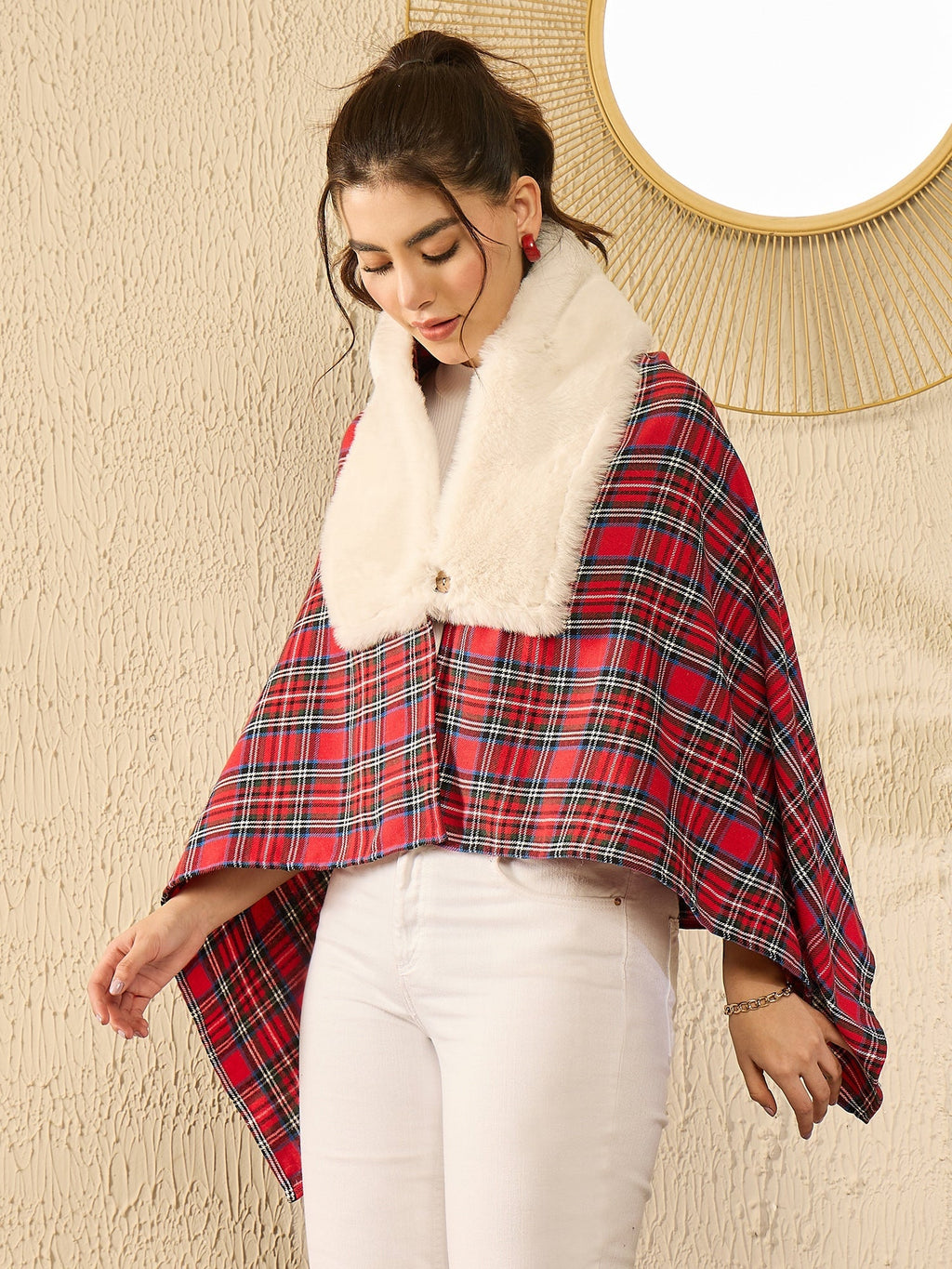 InWeave Red Green Check Cream Fur Poncho