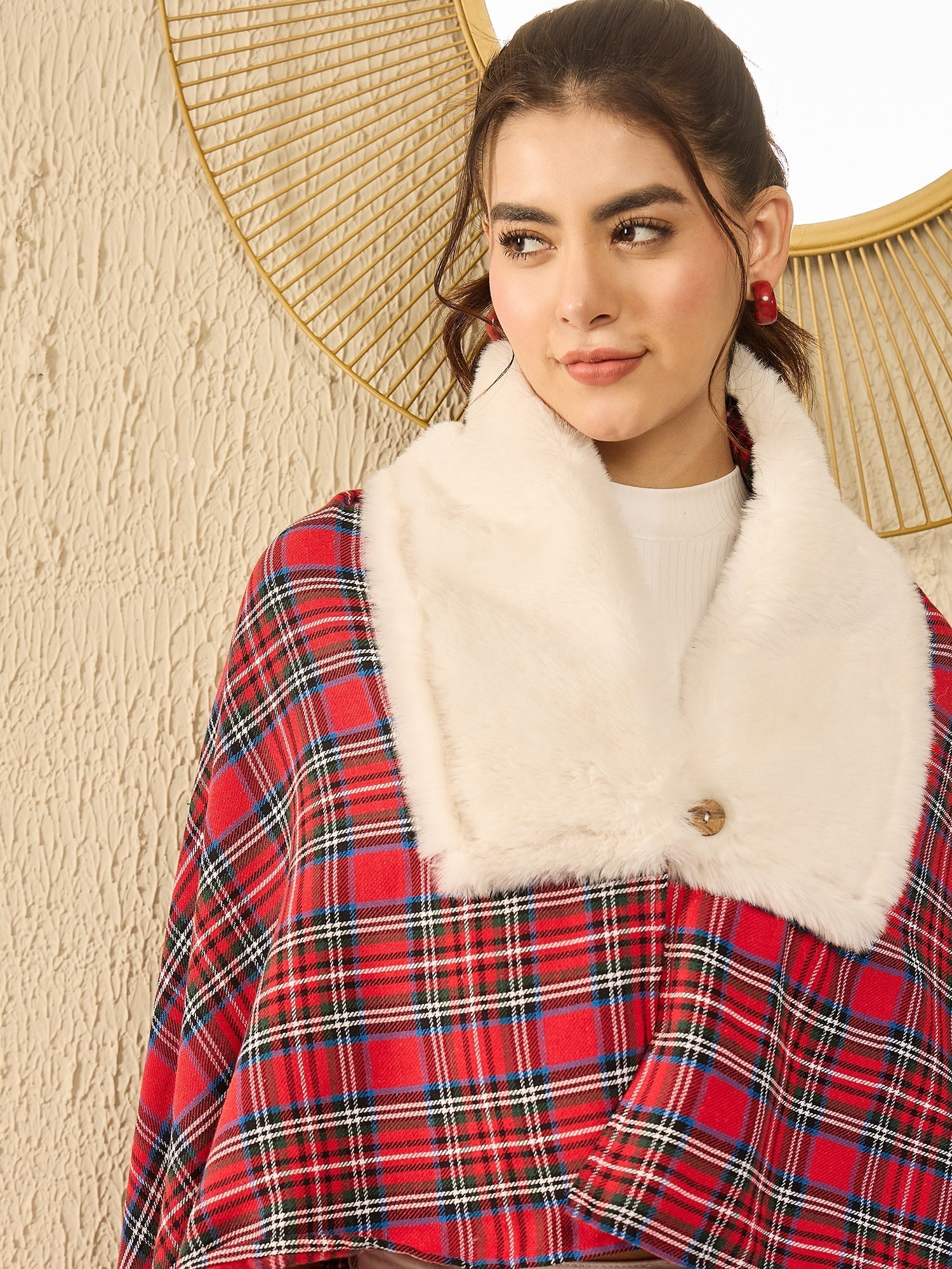 InWeave Red Green Check Cream Fur Poncho