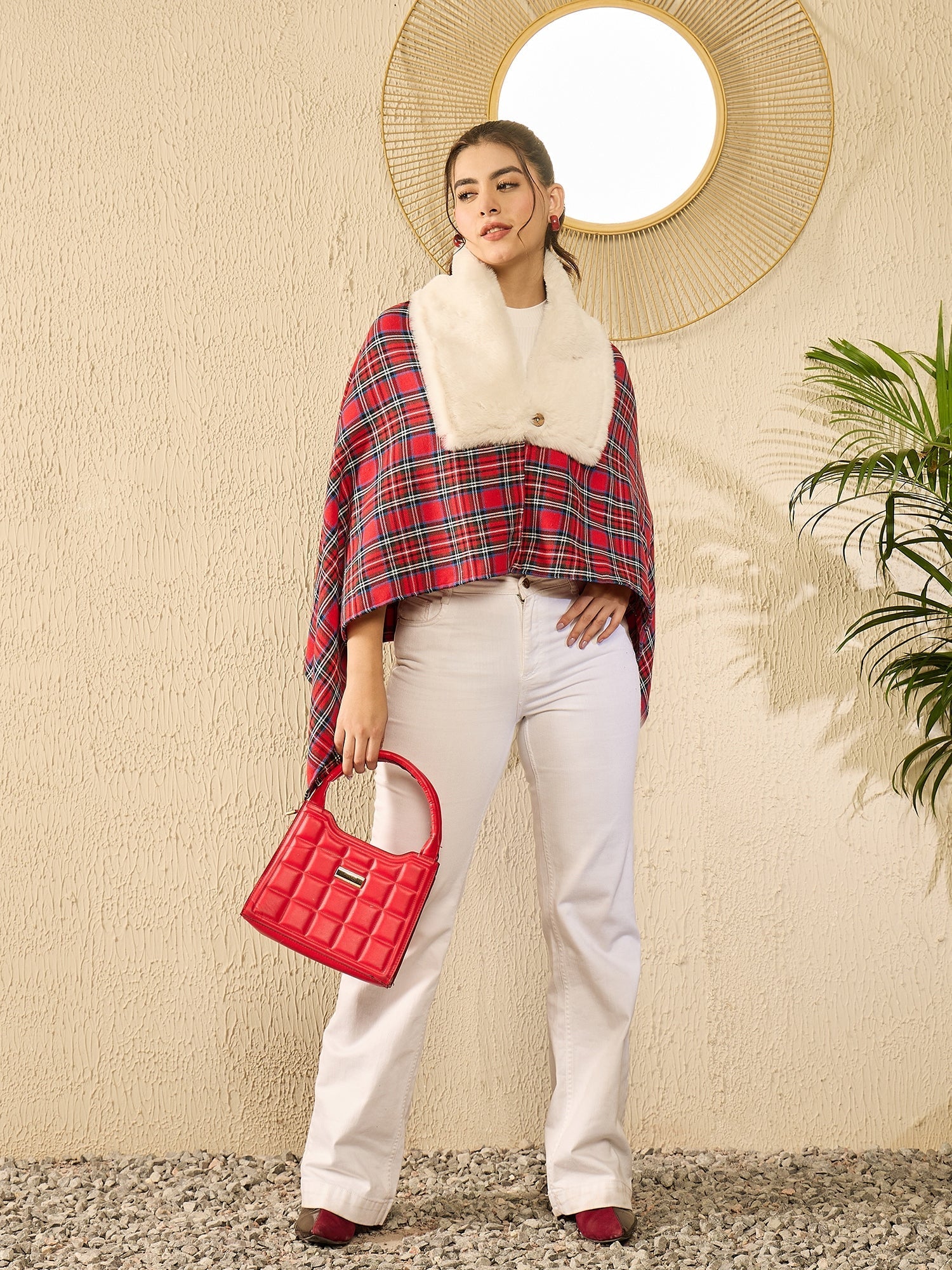 InWeave Red Green Check Cream Fur Poncho