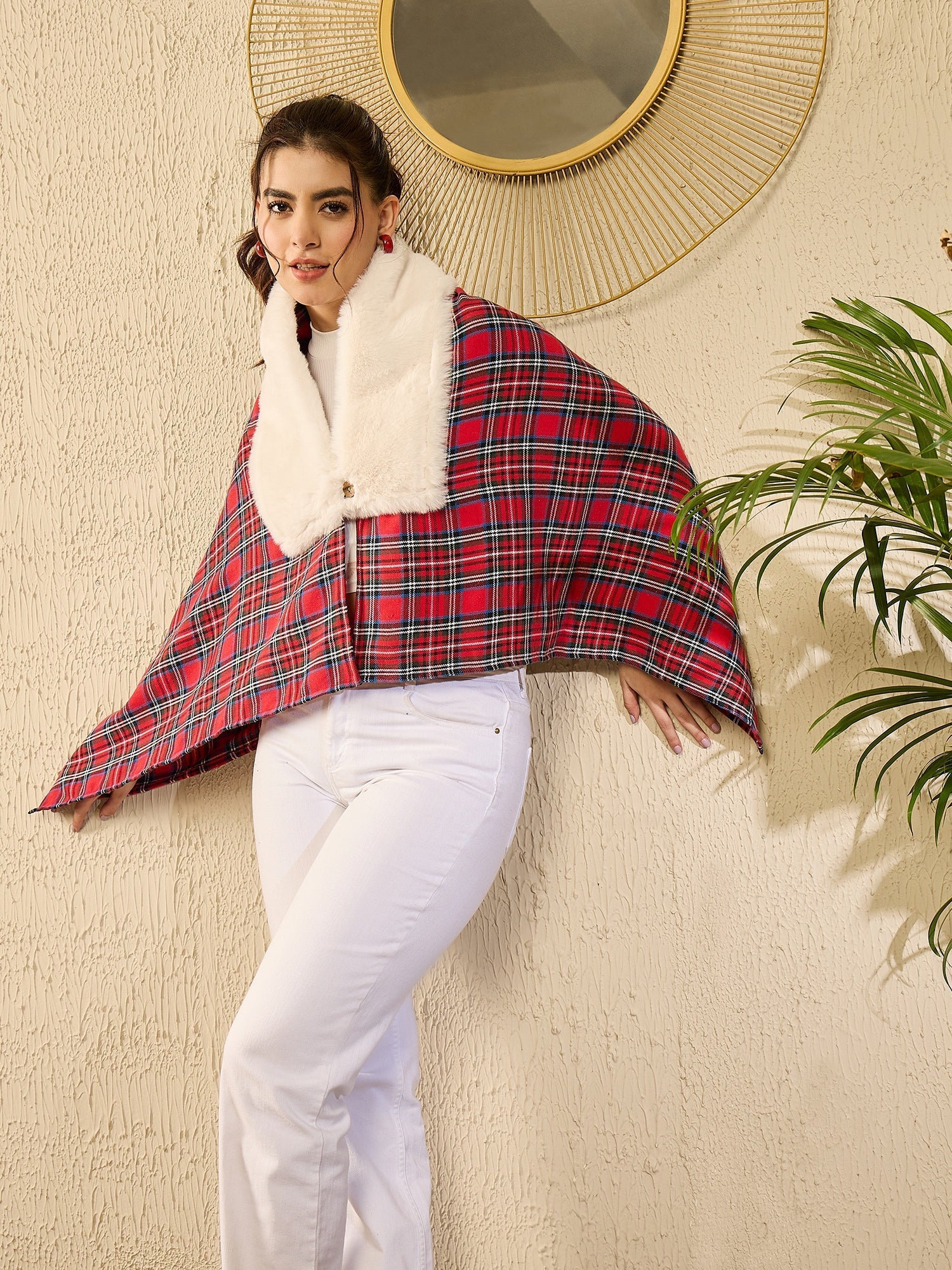 InWeave Red Green Check Cream Fur Poncho