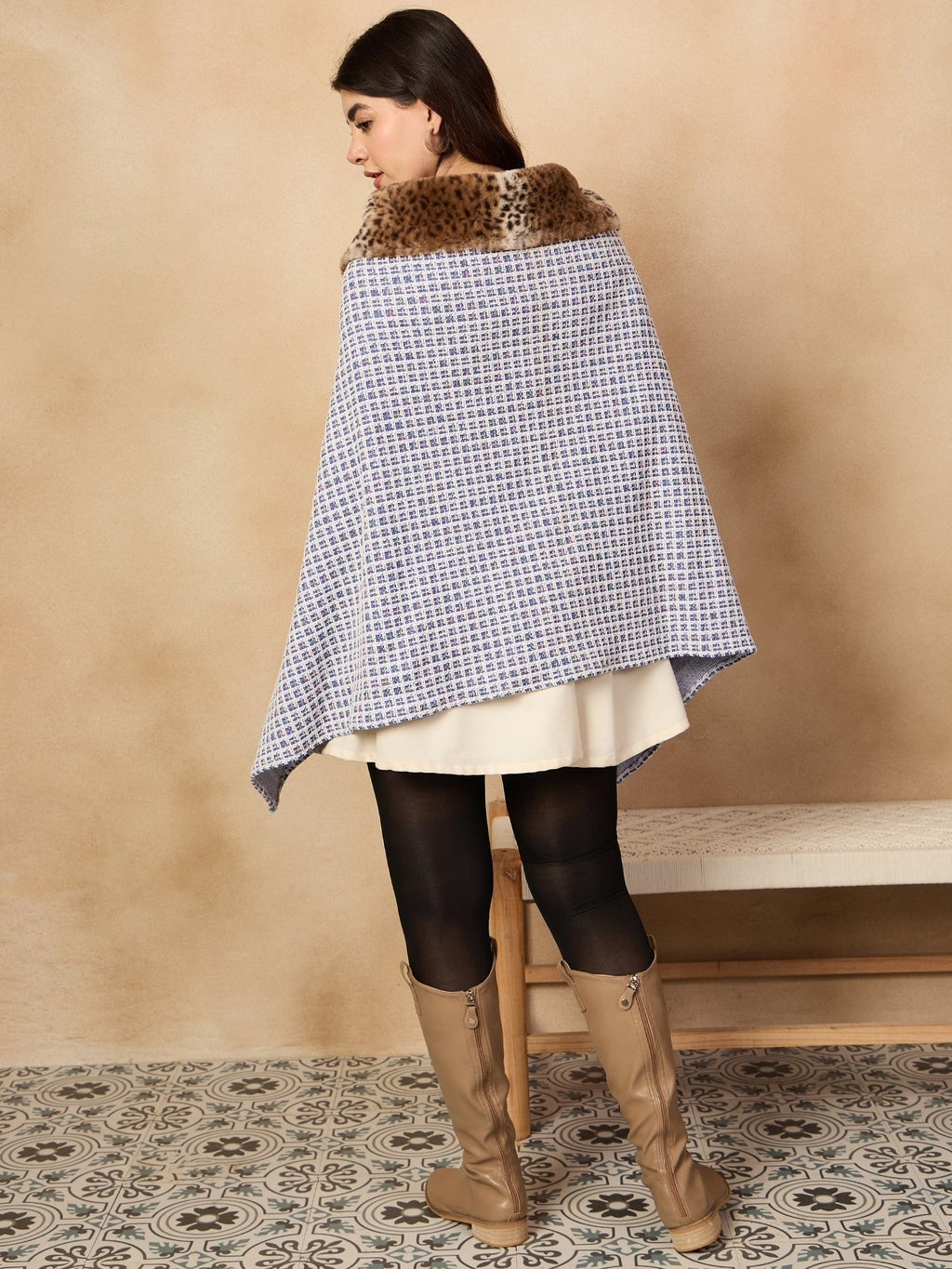InWeave Blue White Check Acrylic Fur Poncho