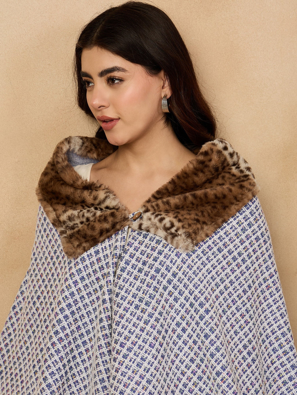 InWeave Blue White Check Acrylic Fur Poncho