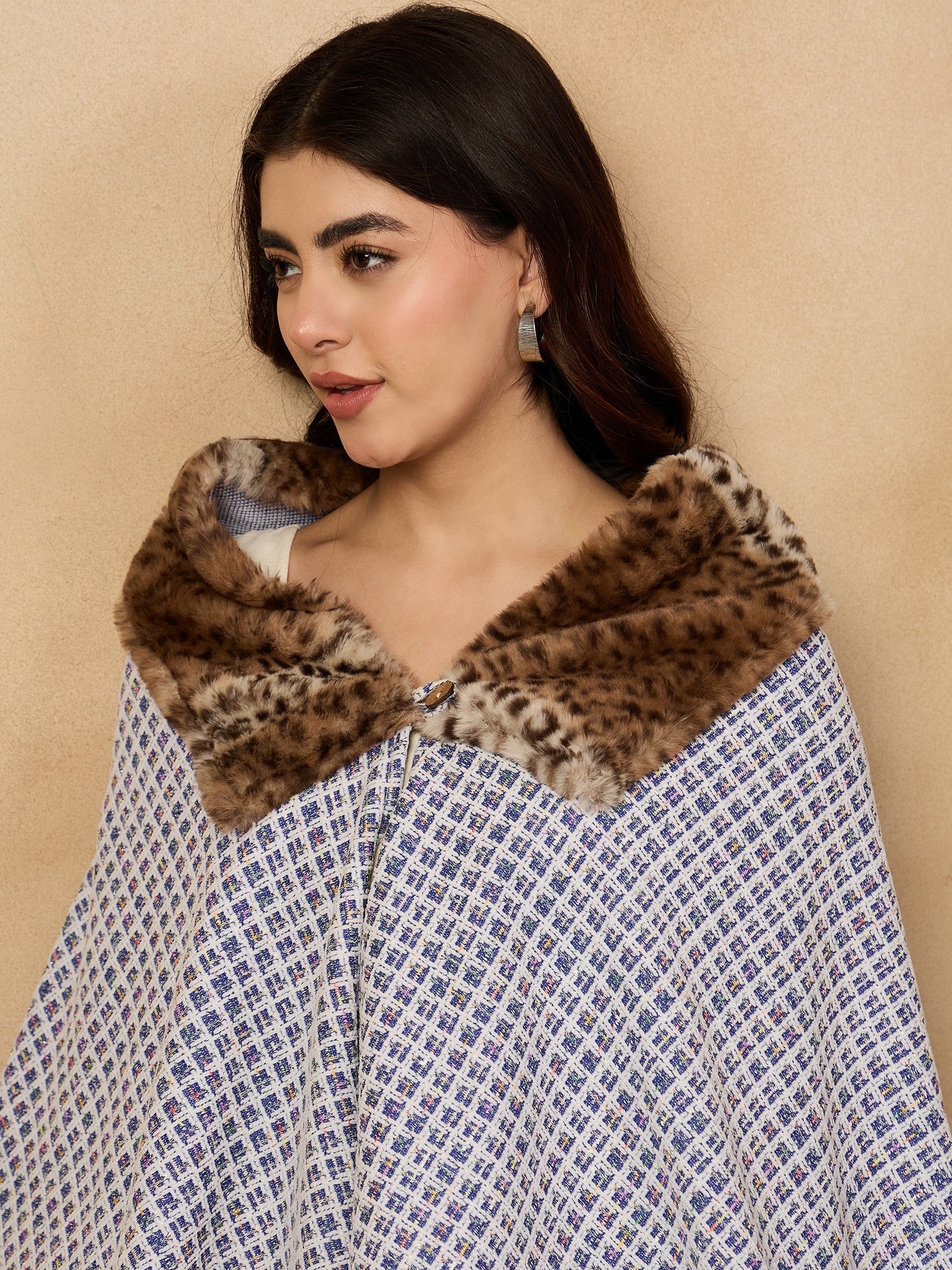 InWeave Blue White Check Acrylic Fur Poncho