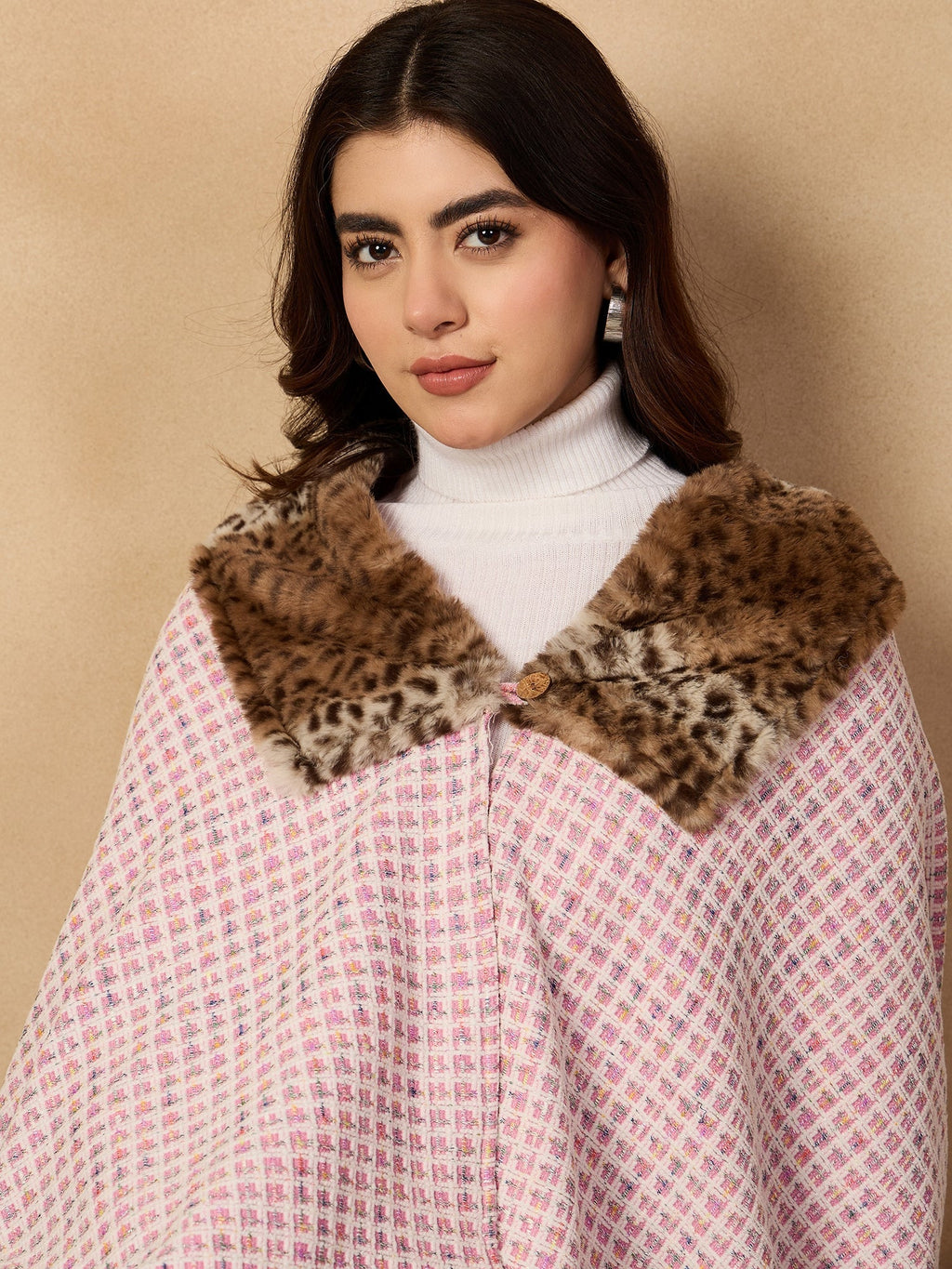 InWeave Pink White Check Acrylic Fur Poncho