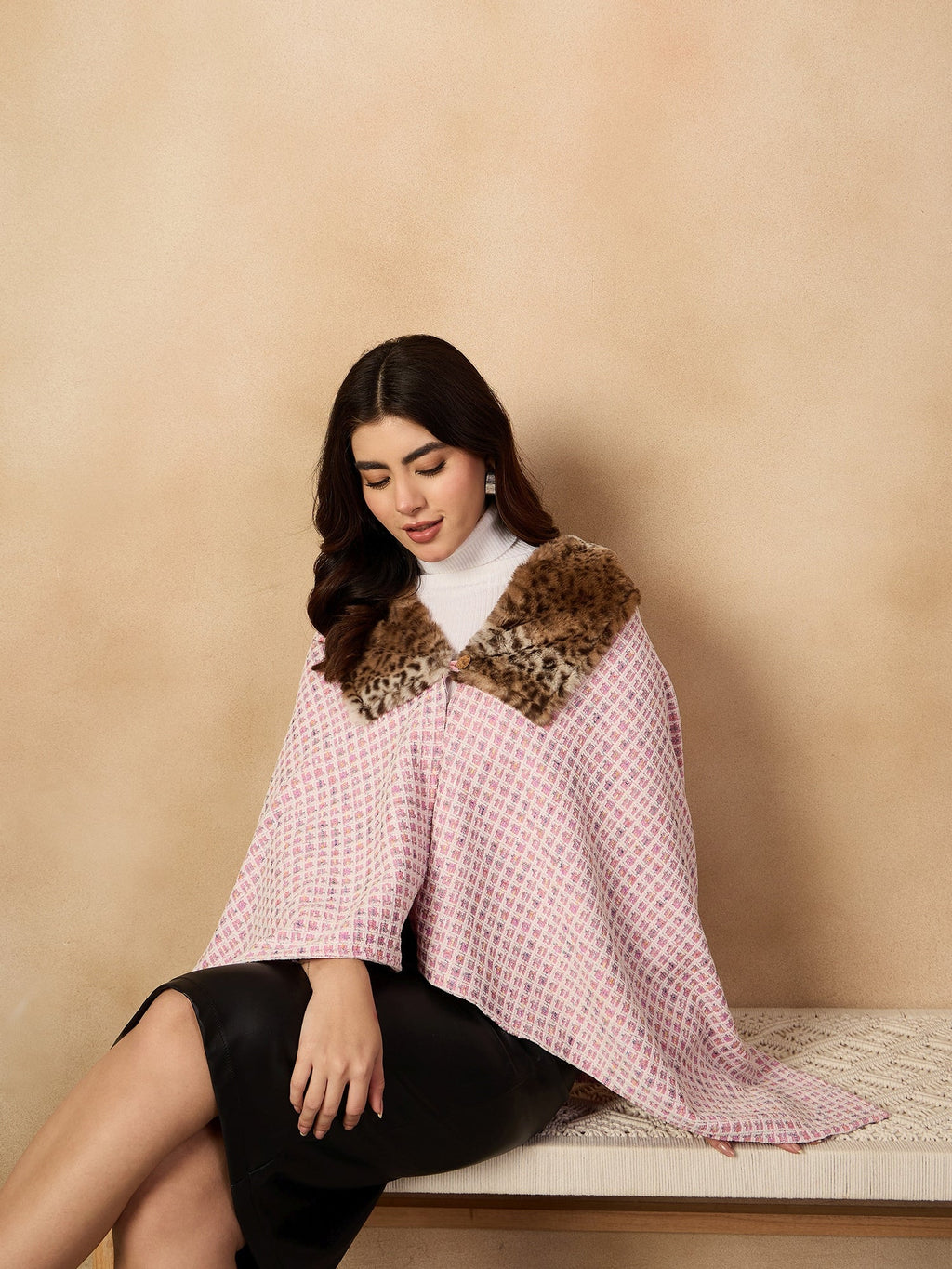 InWeave Pink White Check Acrylic Fur Poncho