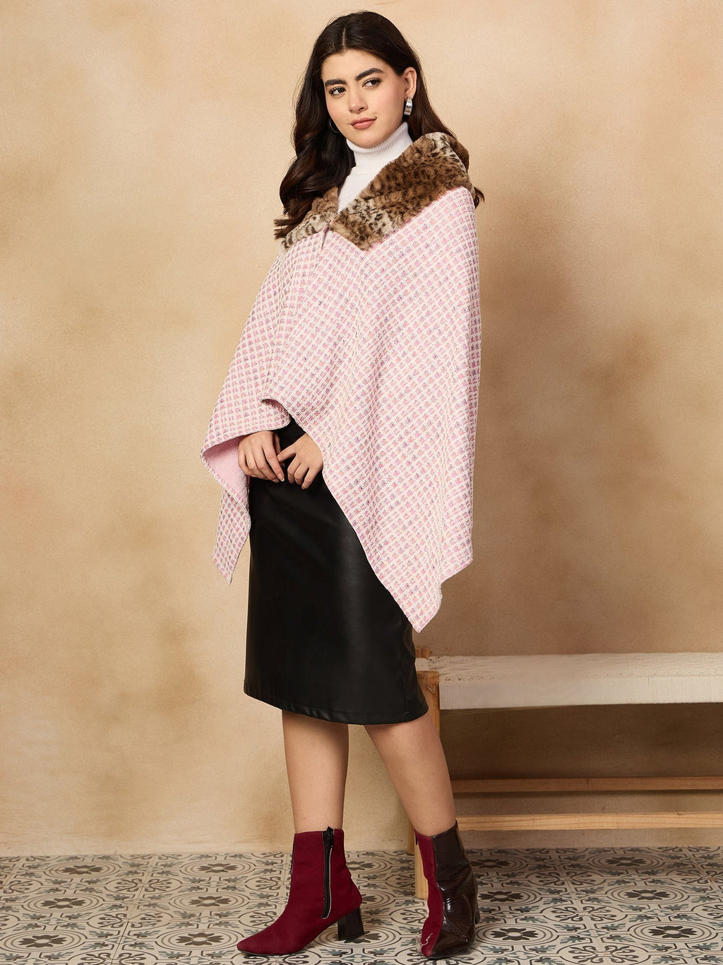 InWeave Pink White Check Acrylic Fur Poncho