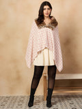 InWeave Peach White Big Check Acrylic Fur Poncho