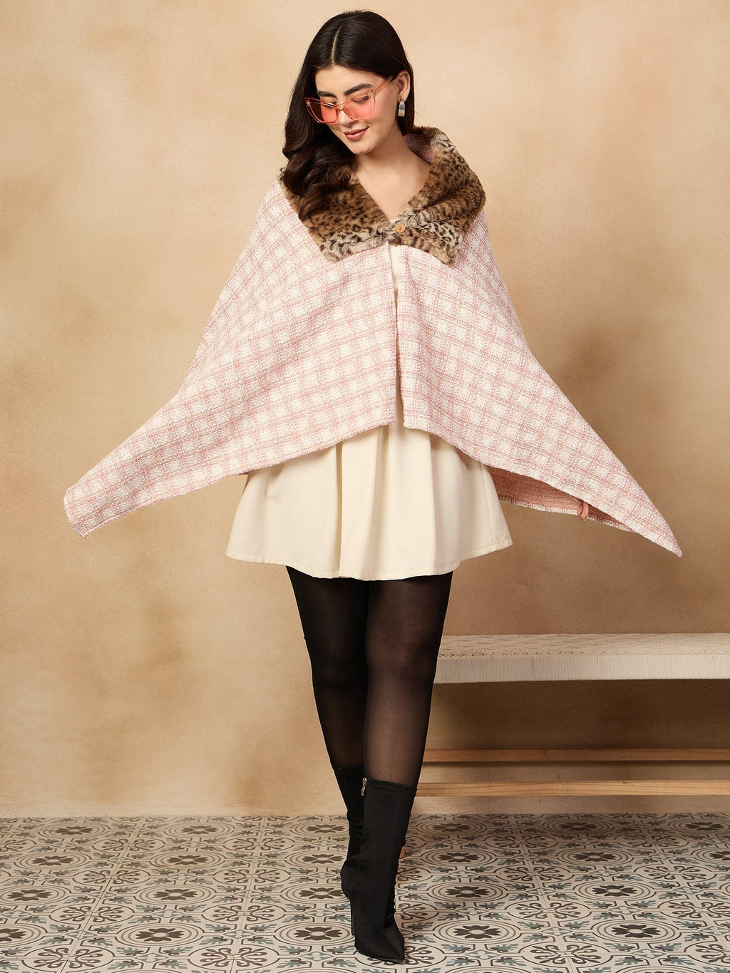 InWeave Peach White Big Check Acrylic Fur Poncho