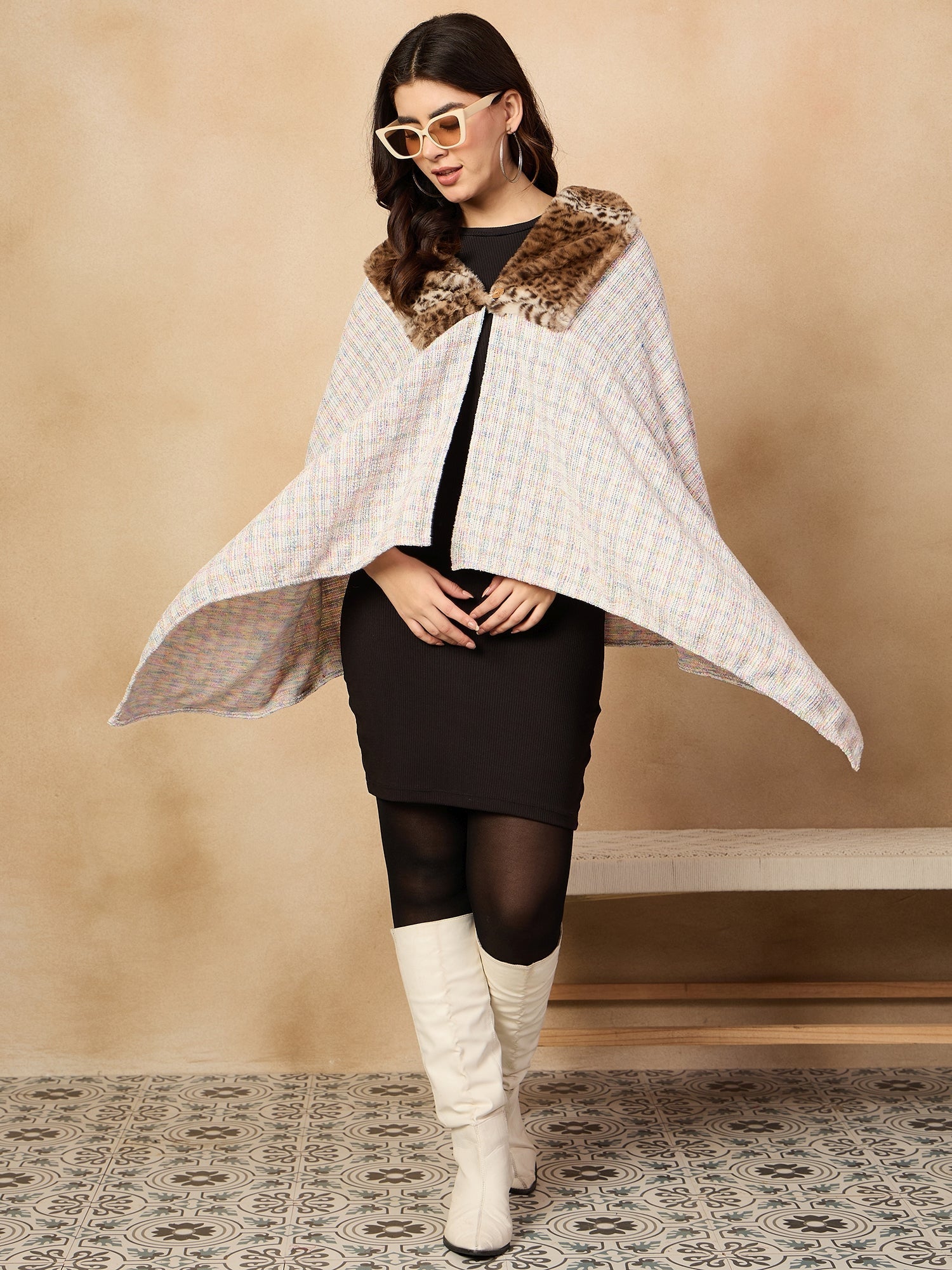 InWeave Multi White Acrylic Fur Poncho
