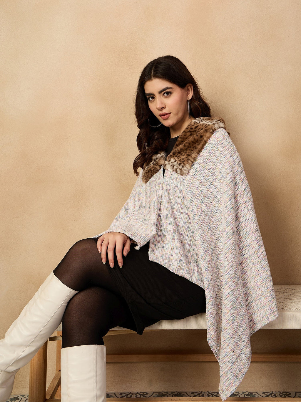 InWeave Multi White Acrylic Fur Poncho