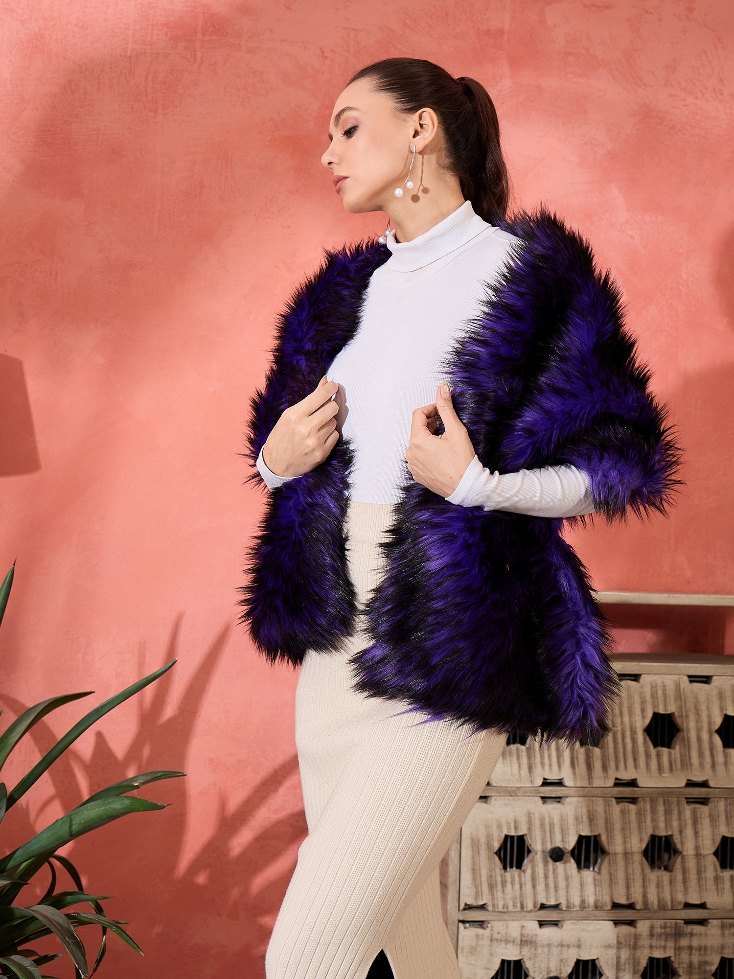 InWeave Purple Black Faux Fur Cape