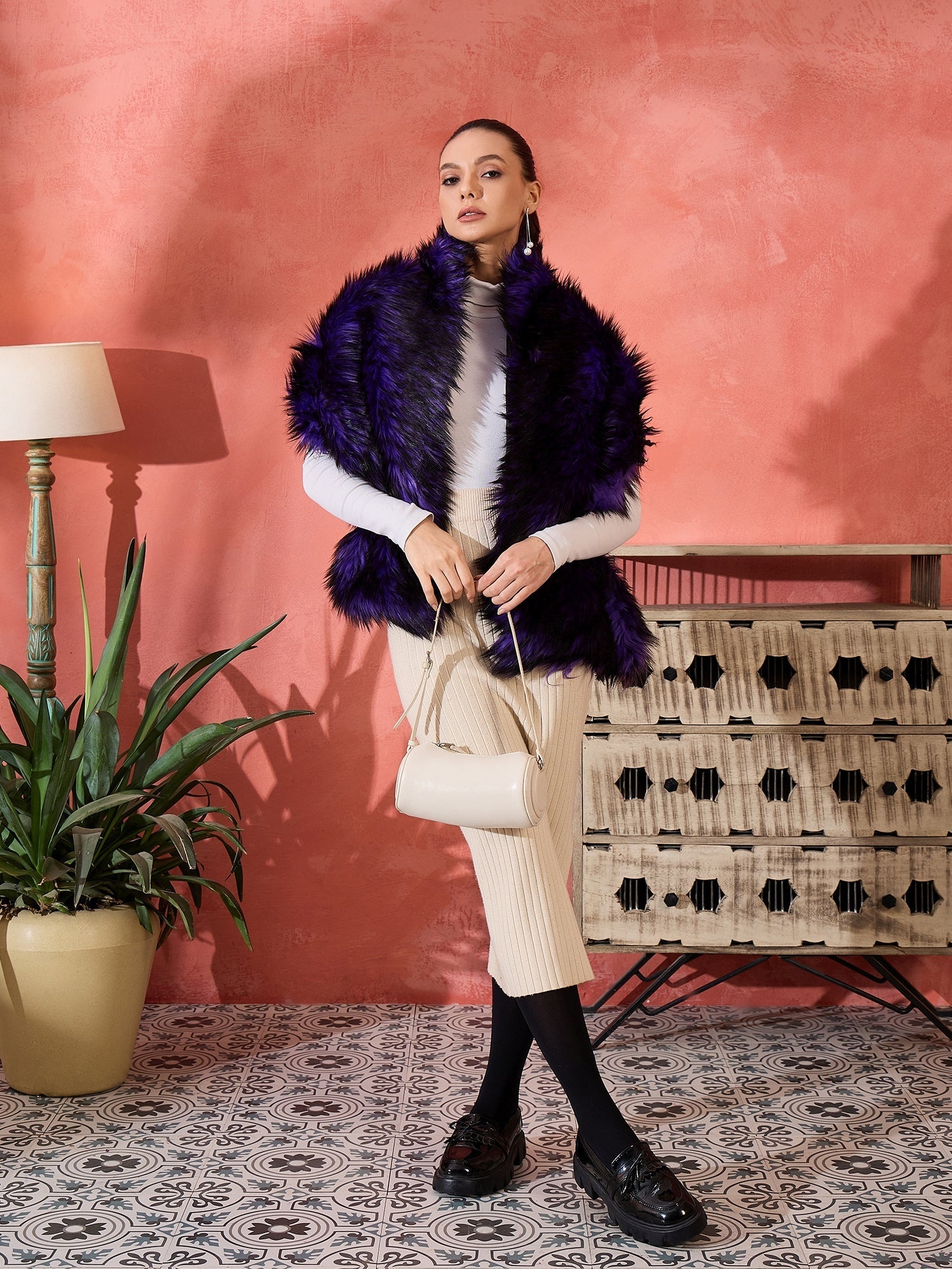 InWeave Purple Black Faux Fur Cape