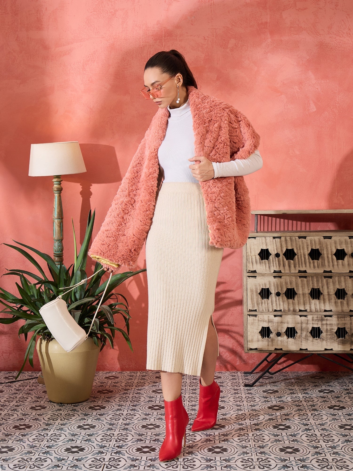 InWeave Coral Rabbit Faux Fur Cape
