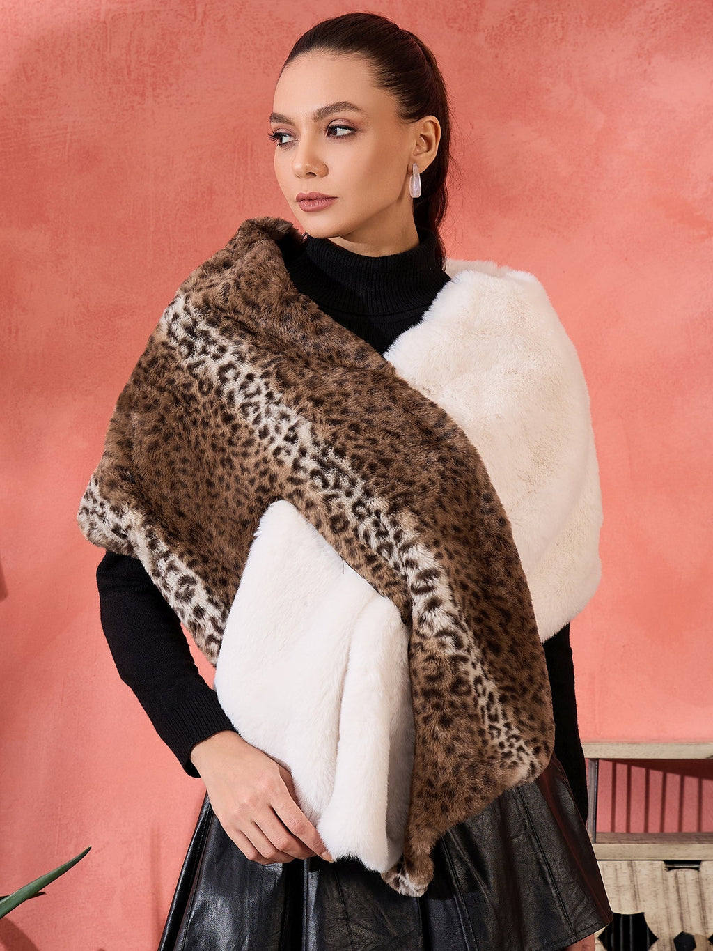 InWeave Brown Leopard Half White Rabbit Faux Fur Cape