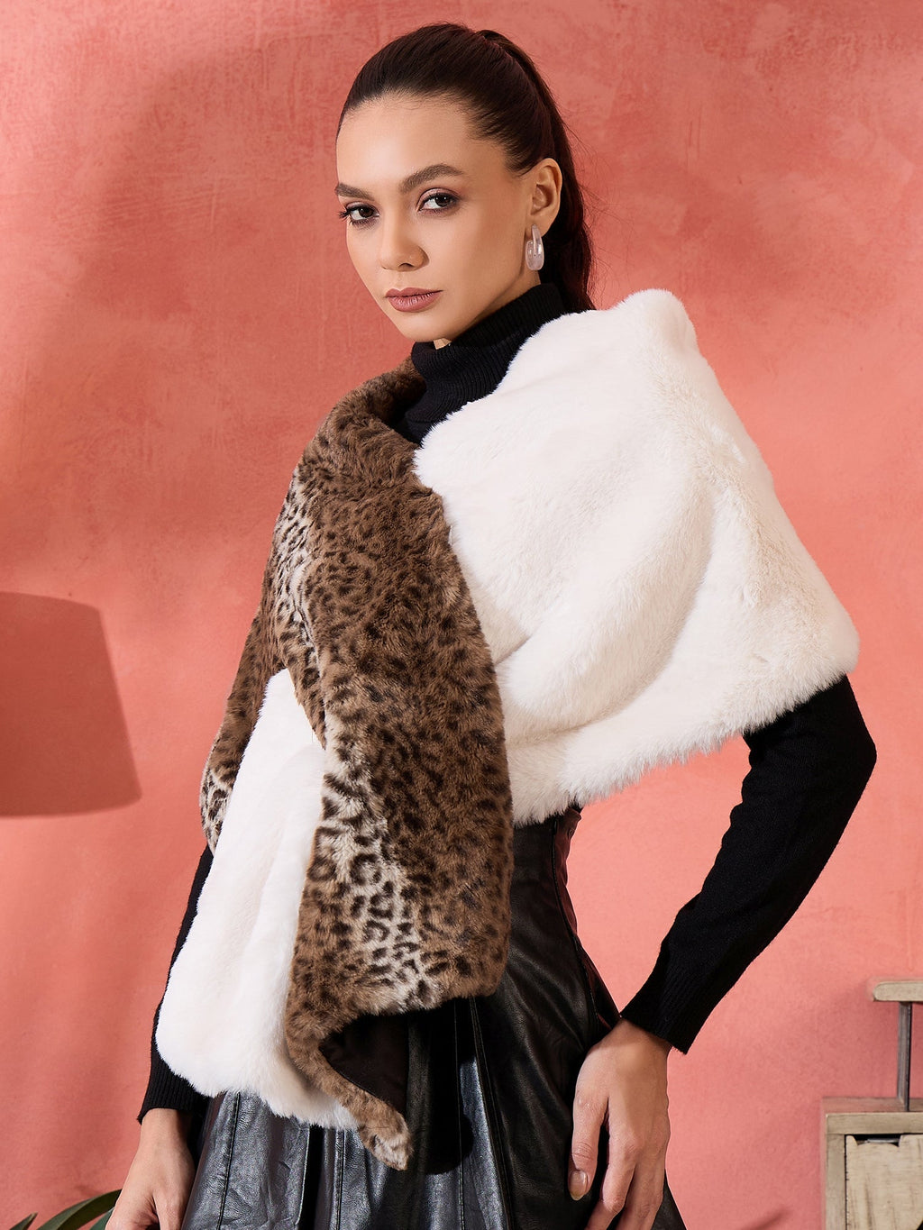 InWeave Brown Leopard Half White Rabbit Faux Fur Cape