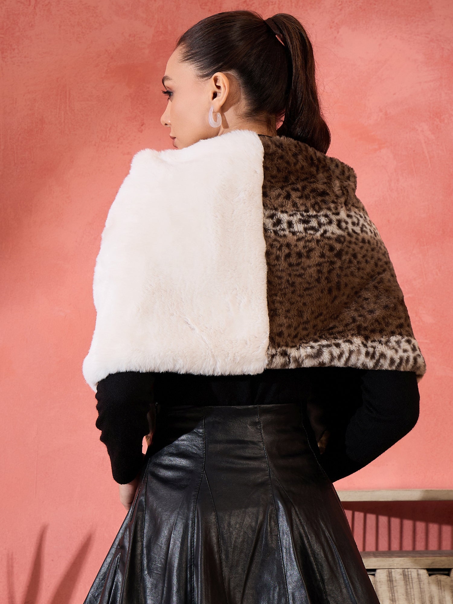 InWeave Brown Leopard Half White Rabbit Faux Fur Cape