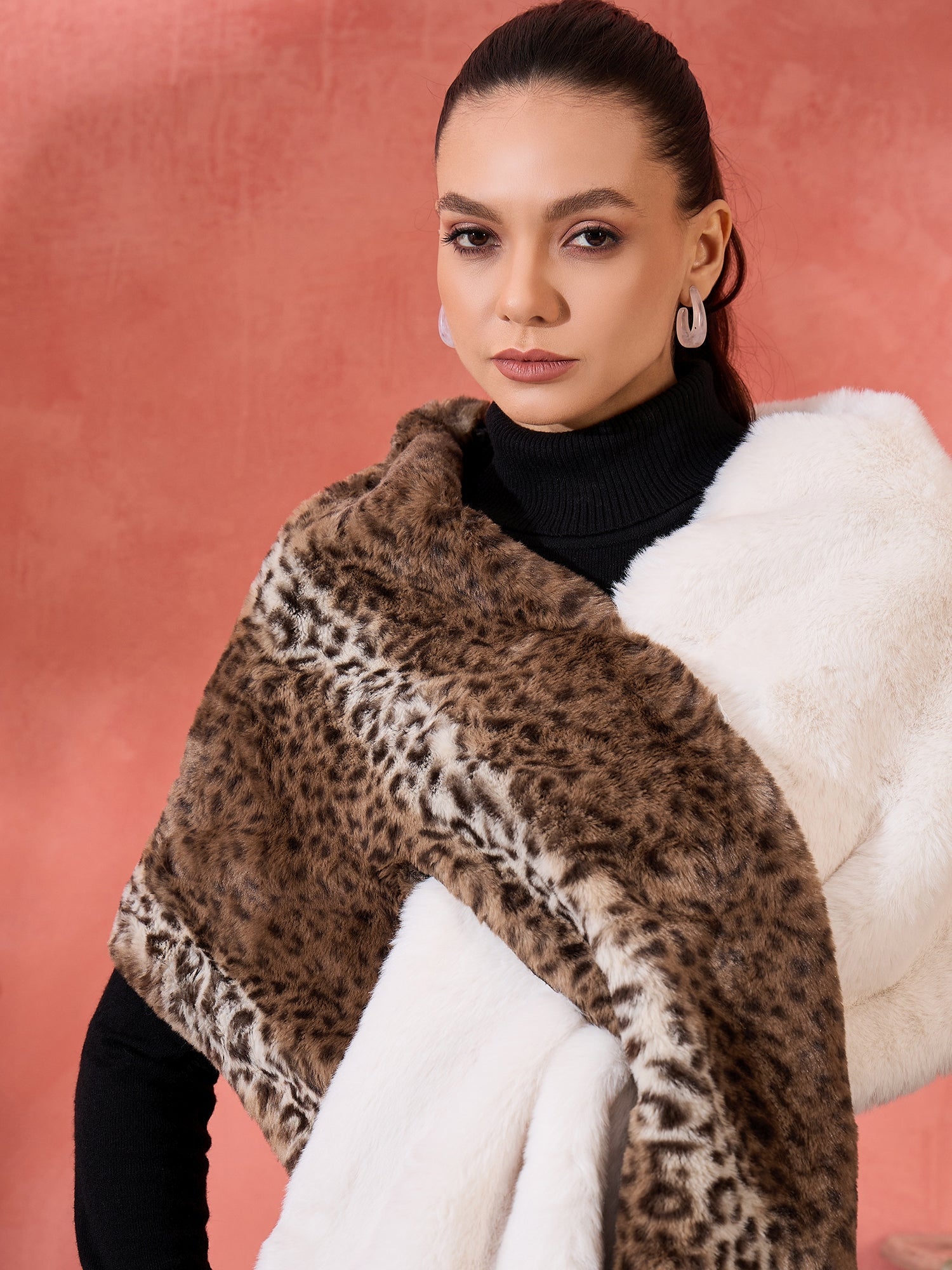 InWeave Brown Leopard Half White Rabbit Faux Fur Cape