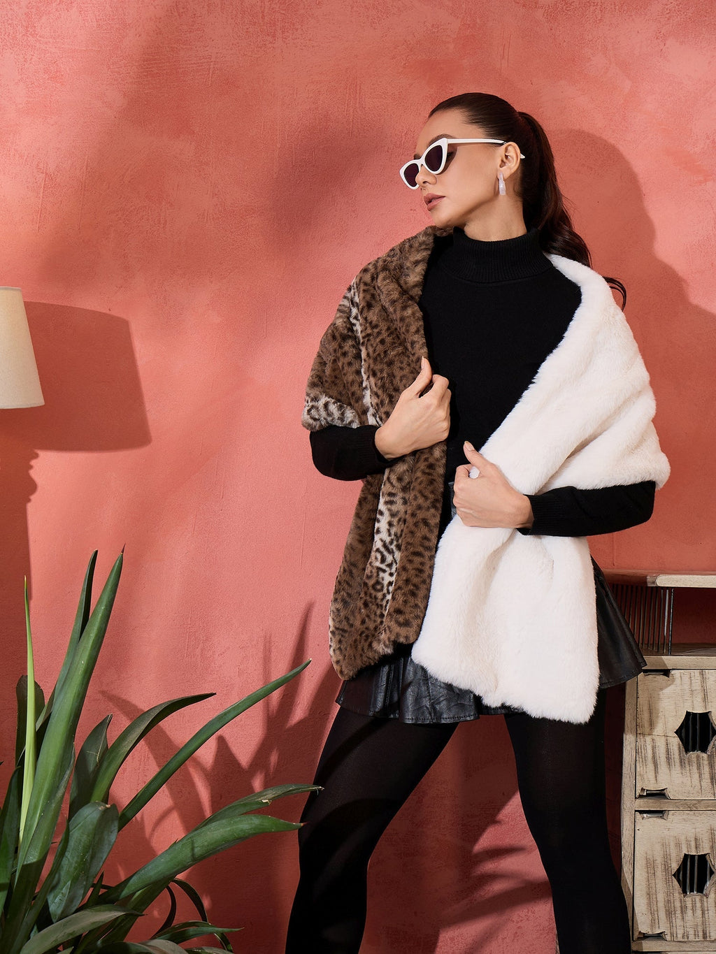InWeave Brown Leopard Half White Rabbit Faux Fur Cape