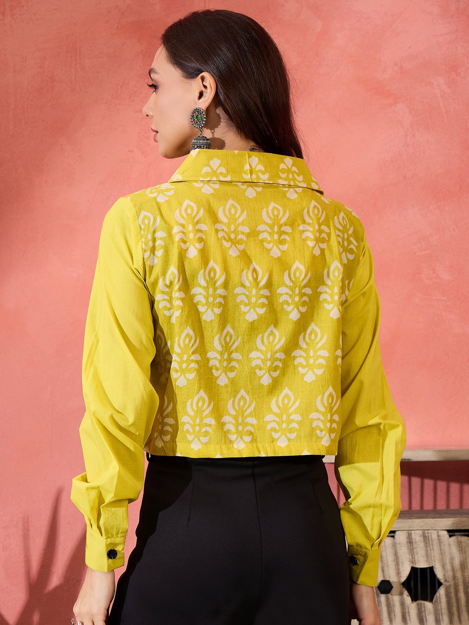 InWeave Lemon Yellow Block Print Pocket Jacket