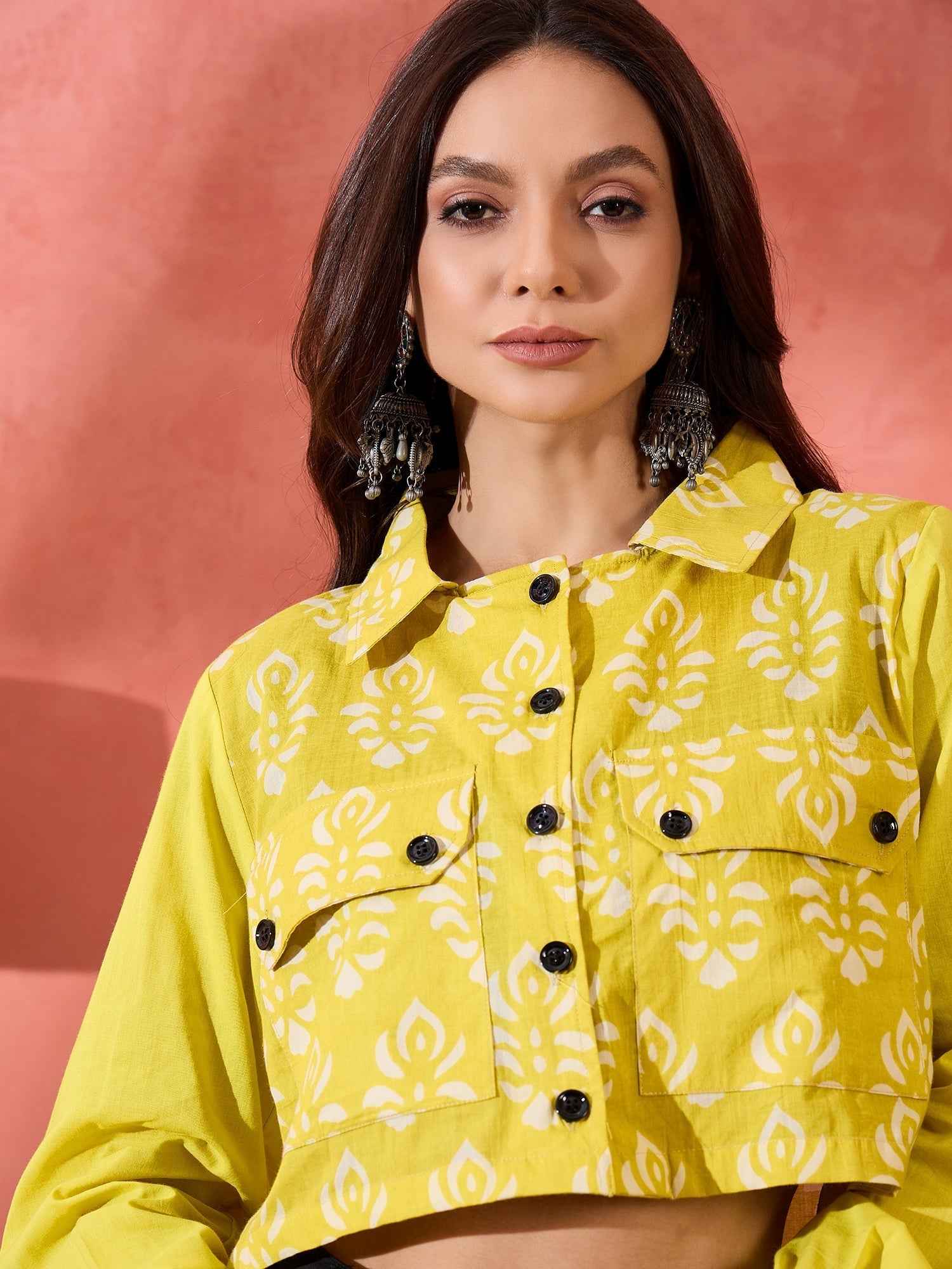 InWeave Lemon Yellow Block Print Pocket Jacket