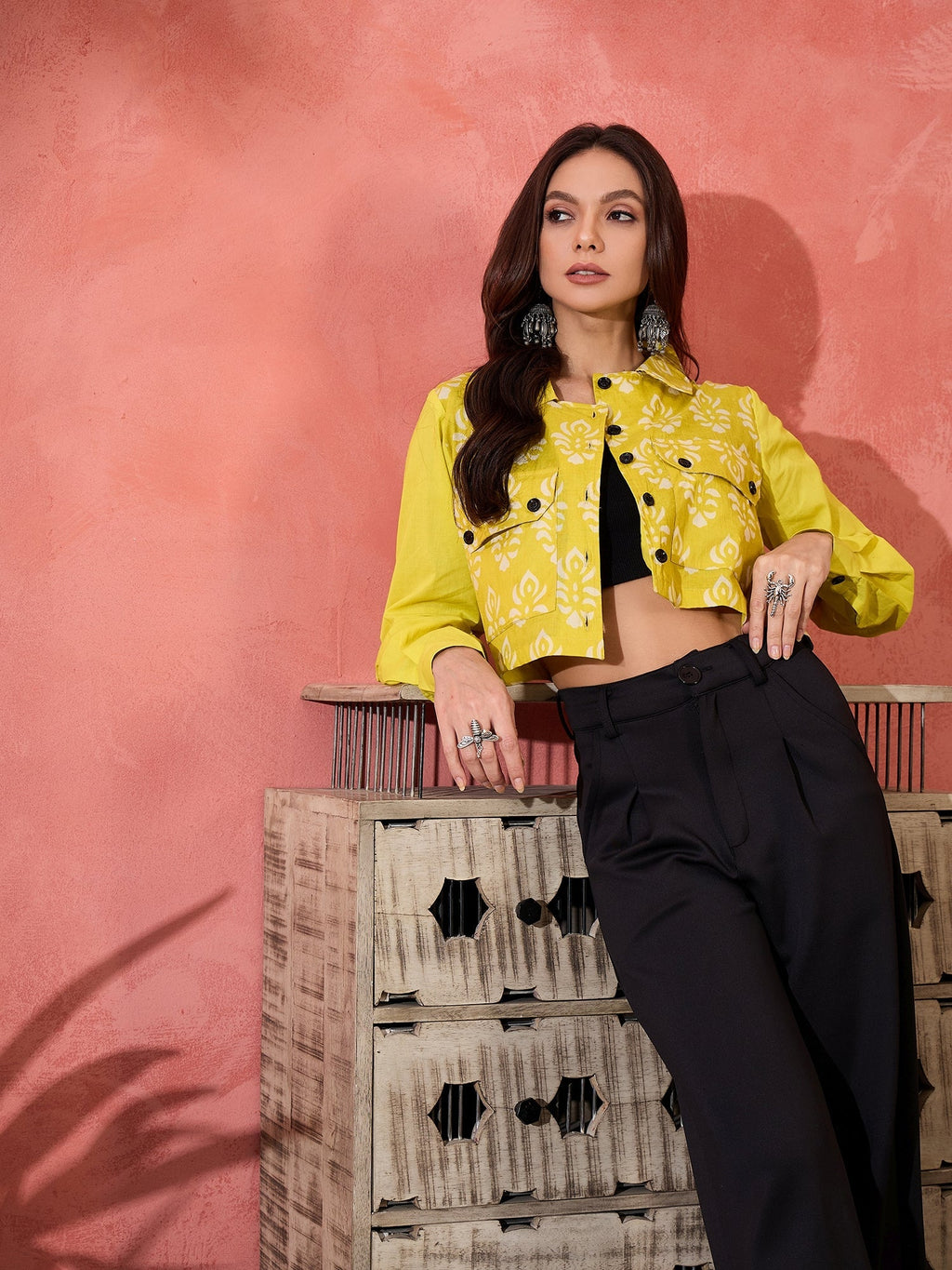 InWeave Lemon Yellow Block Print Pocket Jacket