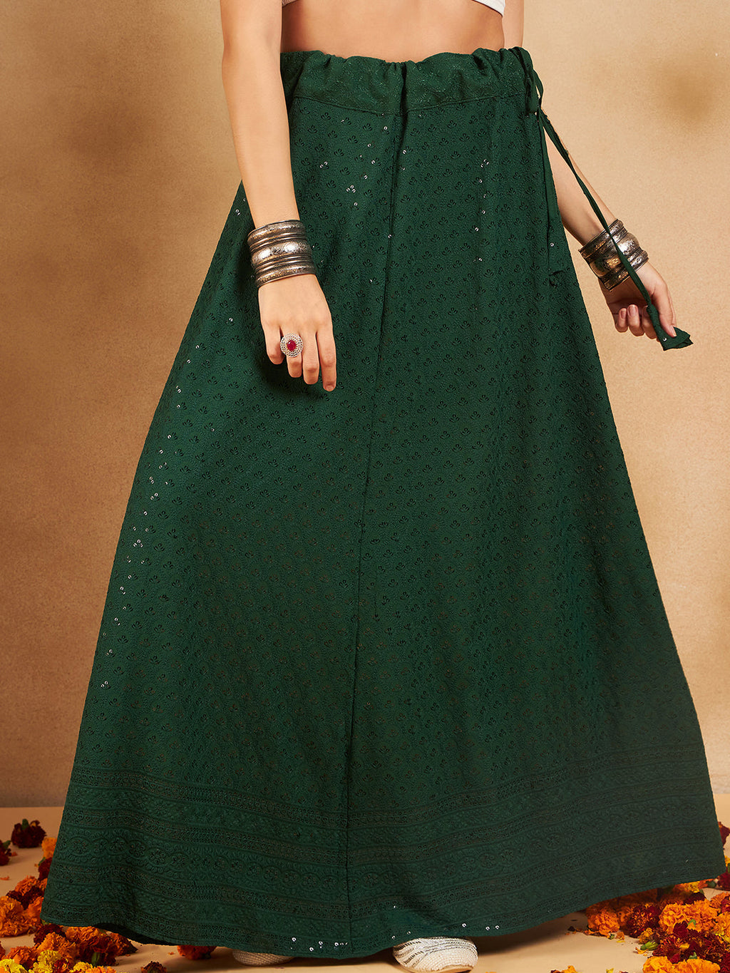 InWeave Green Chikankari Skirt