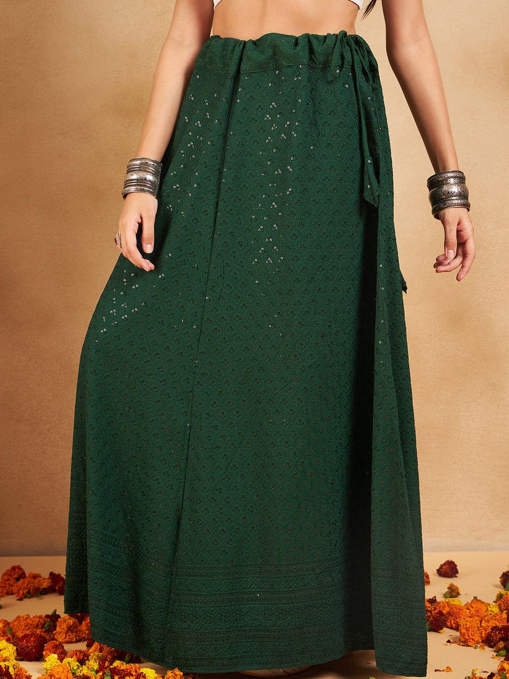 InWeave Green Chikankari Skirt