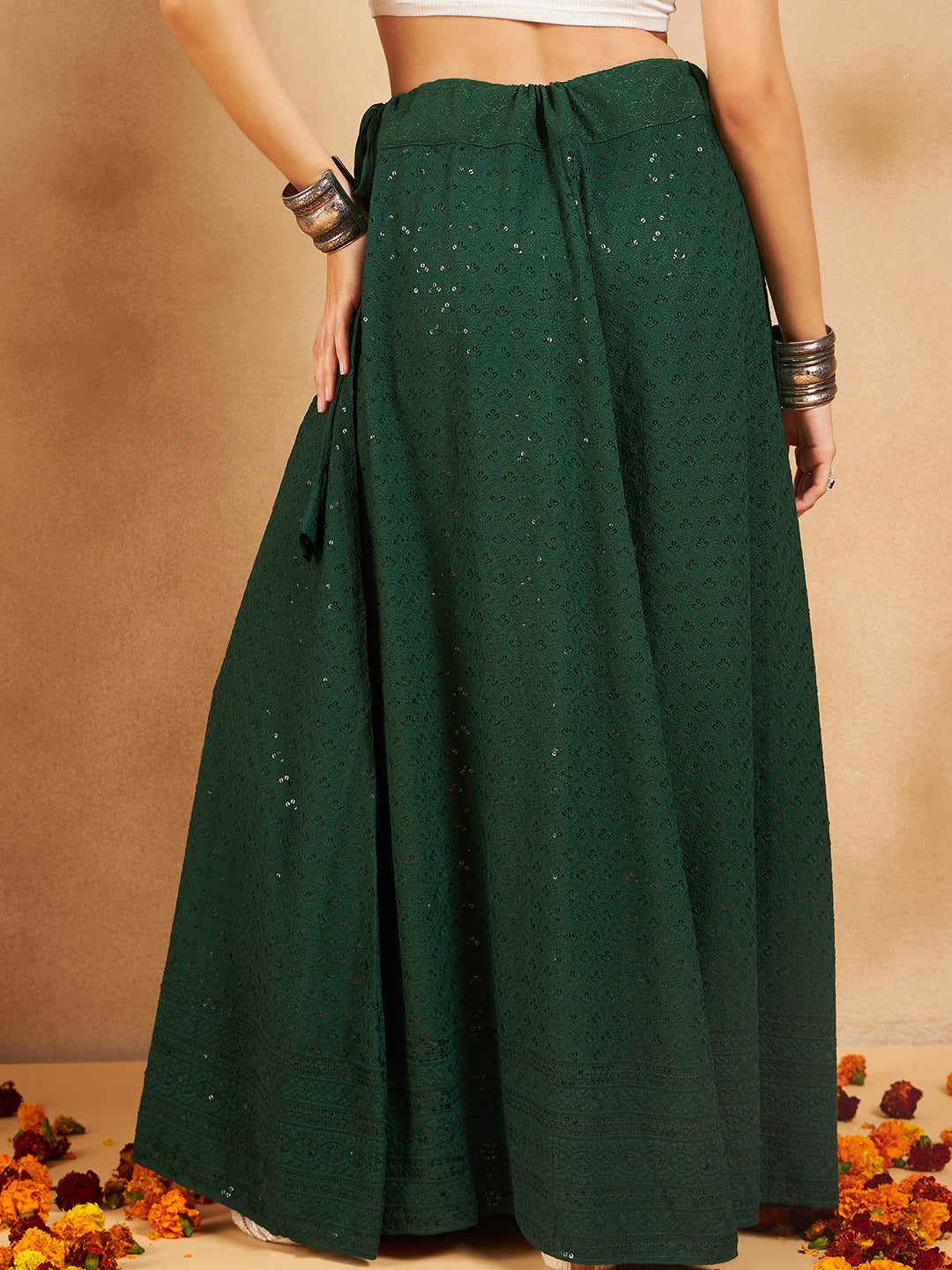 InWeave Green Chikankari Skirt