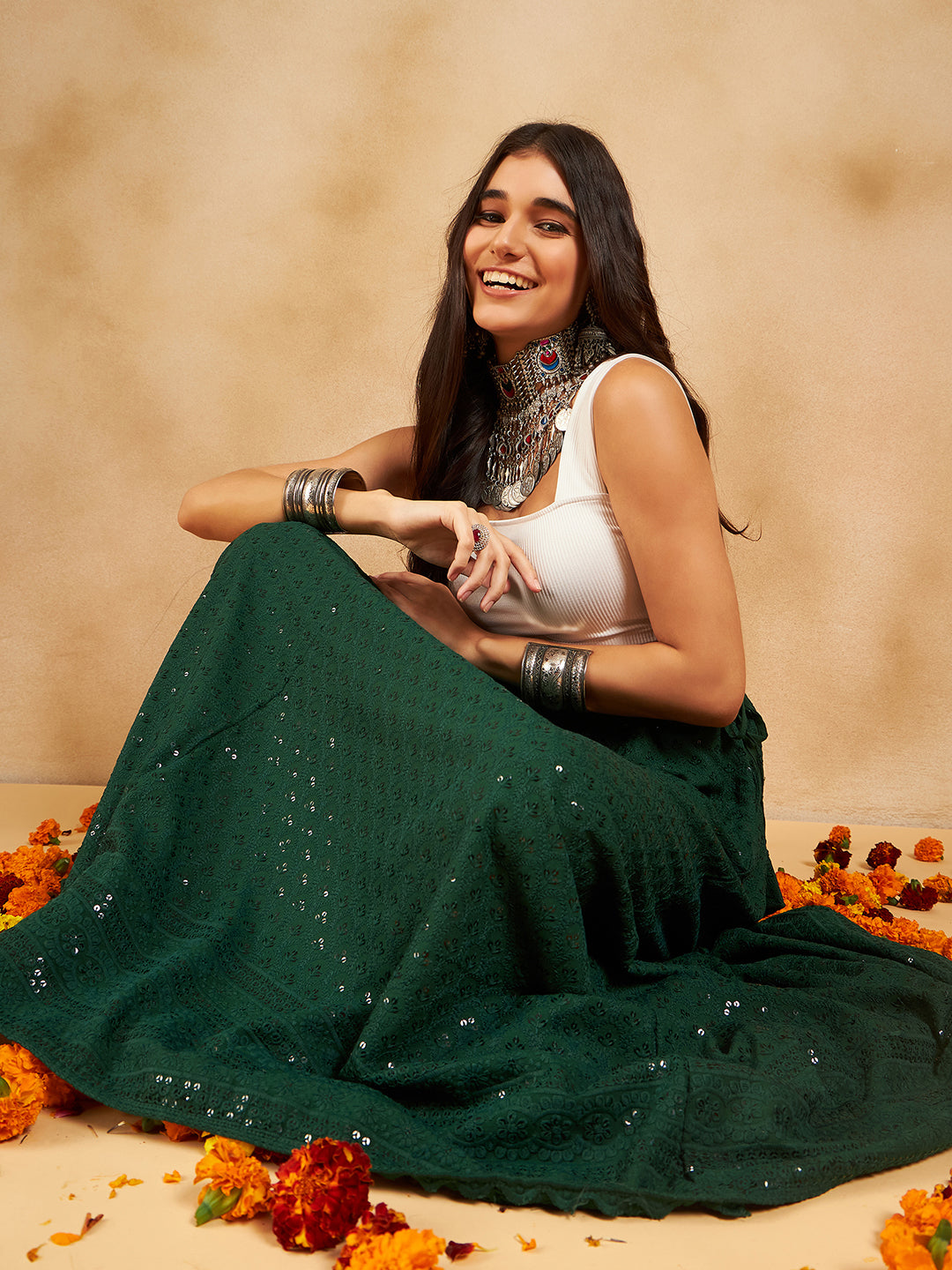 InWeave Green Chikankari Skirt
